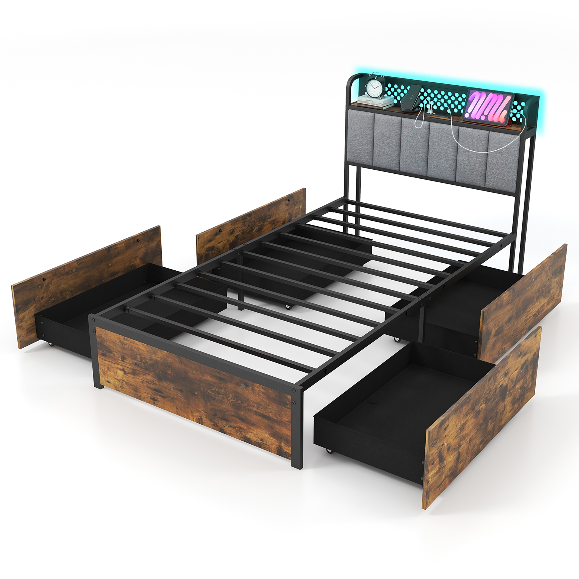 Topbuy LED Bed Frame Twin/Full/Queen Size w/ Charging Station Upholstered