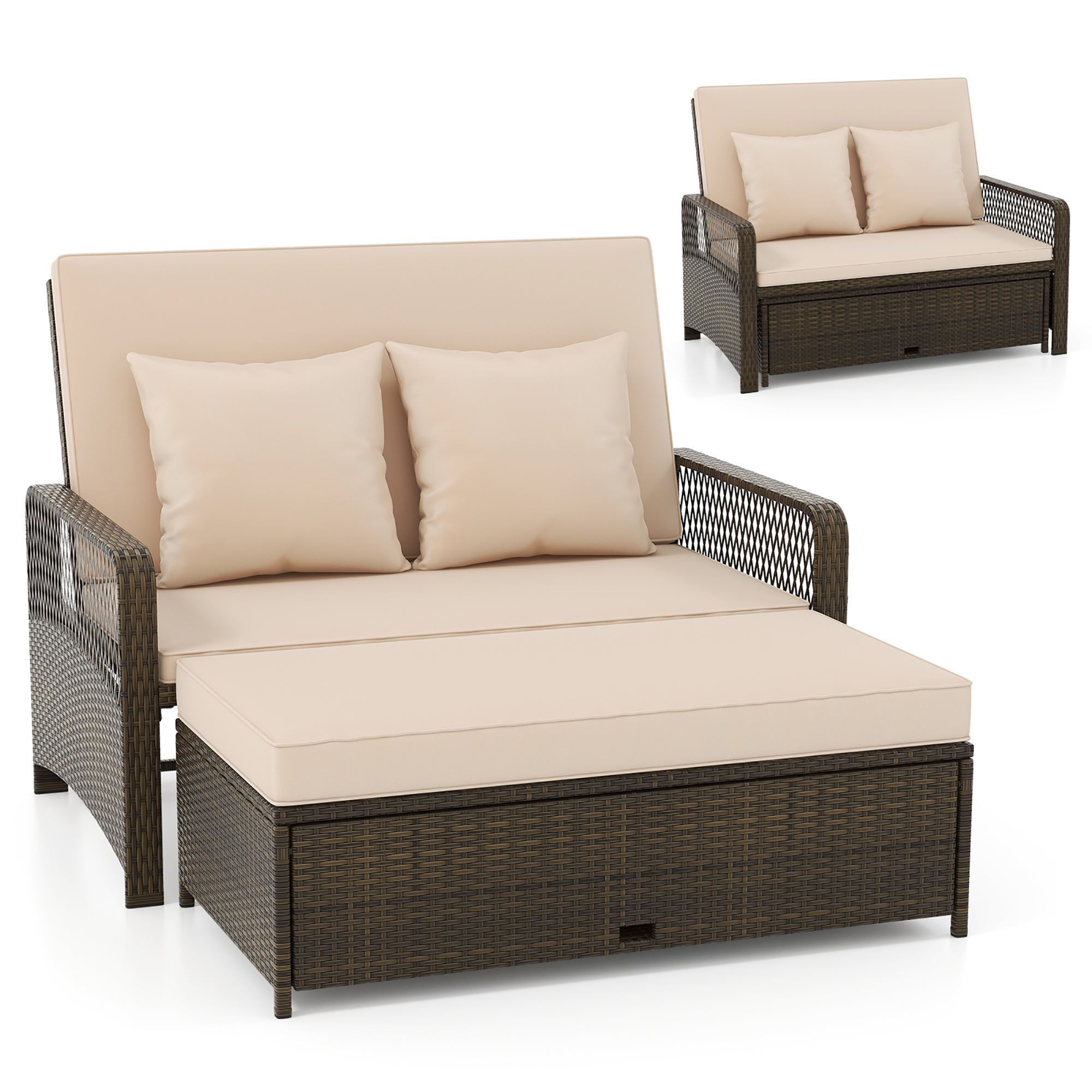 Topbuy Patio Rattan Daybed Wicker Loveseat Sofa w/ Multifunctional Ottoman