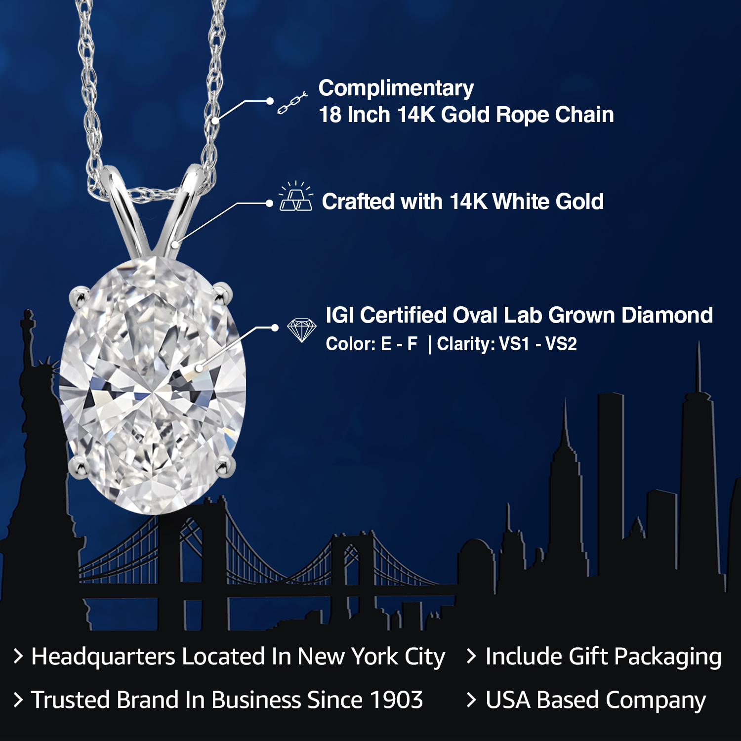 1 to 5 Carat 14K Gold IGI Certified -Cut Lab Grown Diamond Pendant Necklace For - Picture 9 of 13