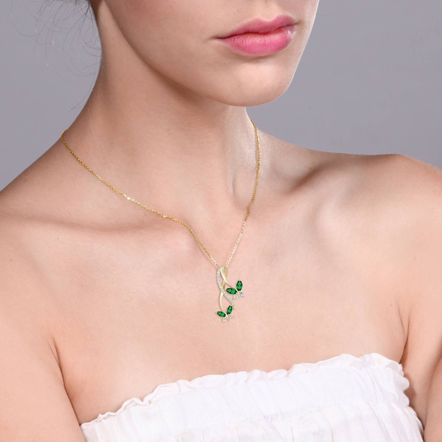18K Yellow Gold Plated Silver Nano Emerald Butterfly Pendant Necklace For Women - Picture 8 of 10