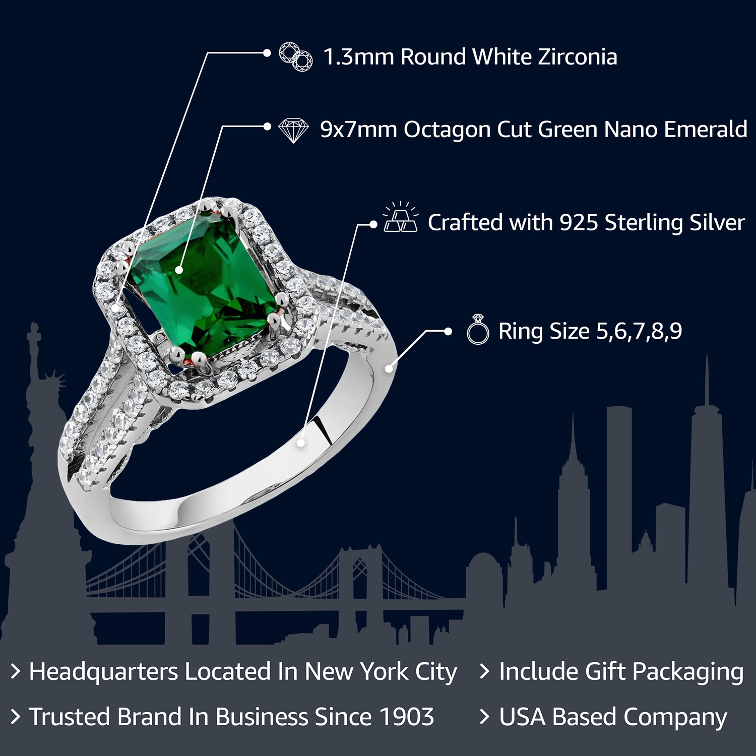 Emerald Cut 9X7MM Gemstone Birthstone and Zirconia 925 Sterling Silver Wedding - Picture 17 of 50