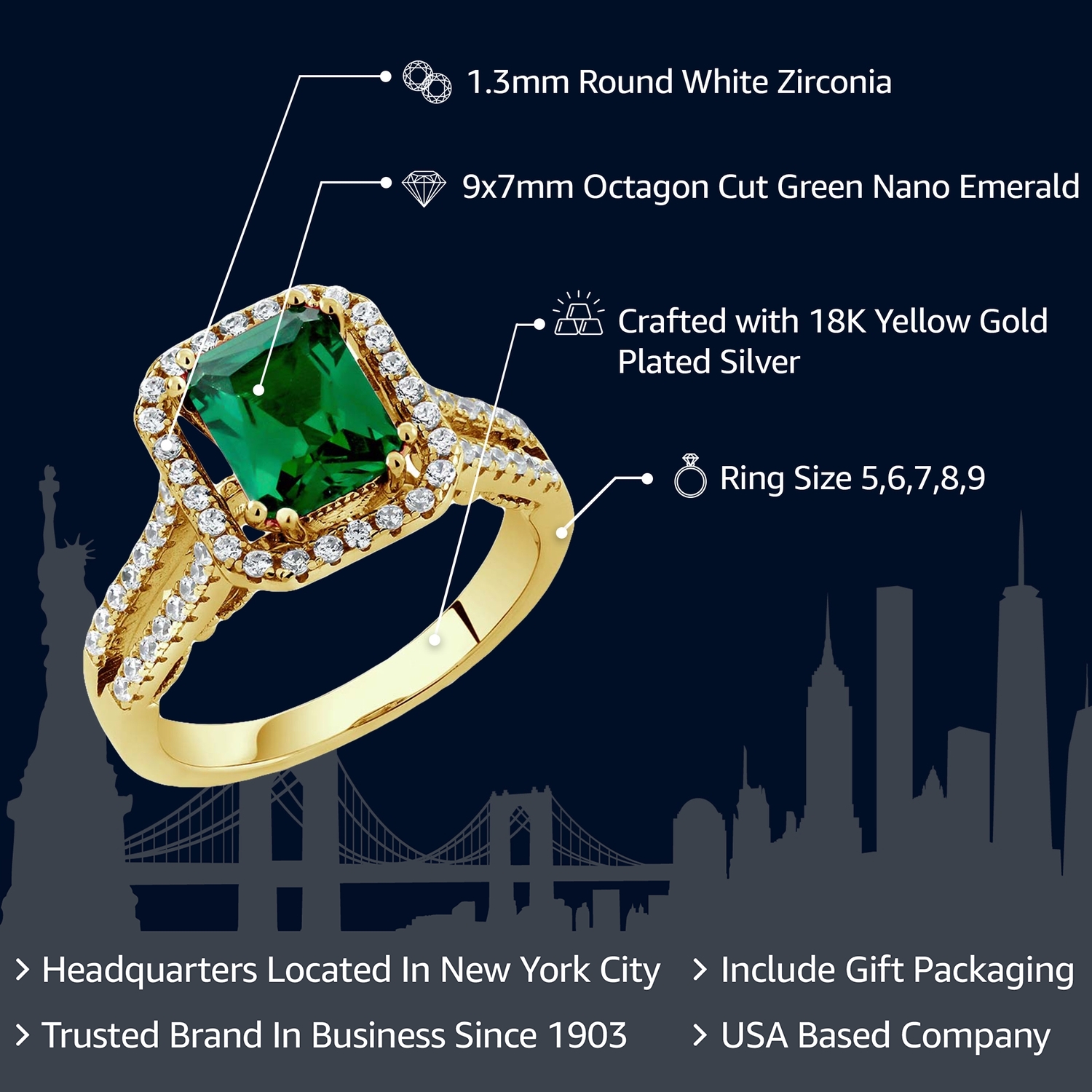18K Yellow Gold Plated Silver Simulated Emerald Ring For Women | 2.78 Cttw | - Picture 7 of 35