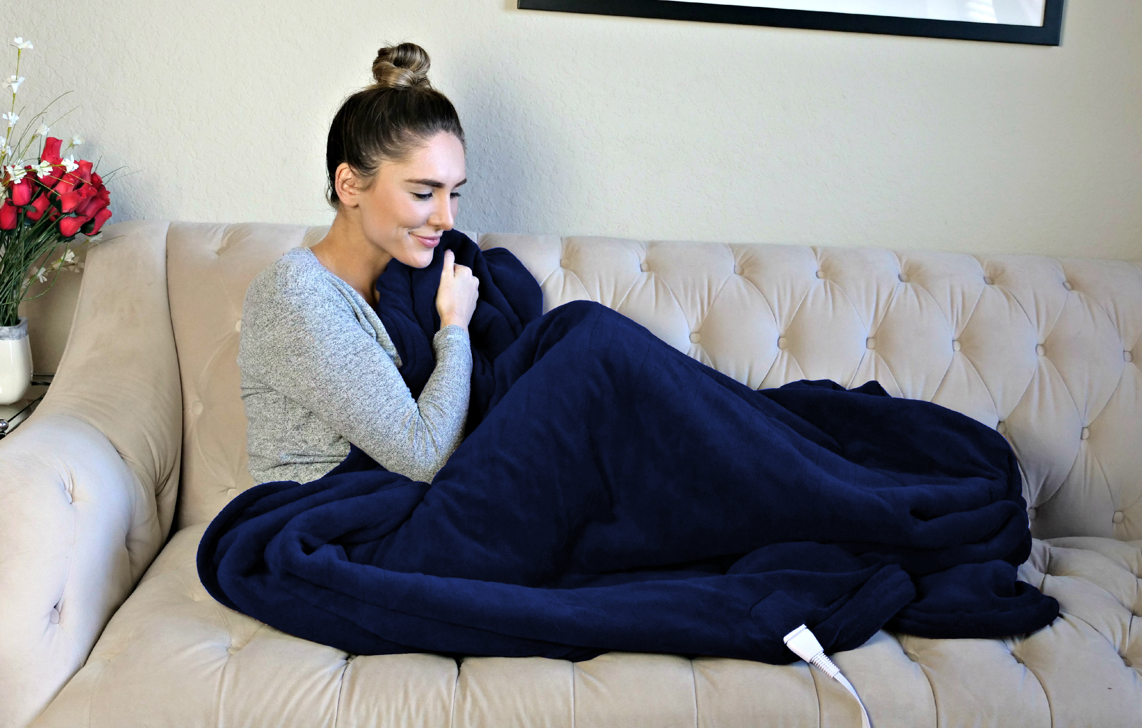 Biddeford Velour Sherpa Electric Heated Warming Blanket King Navy Blue