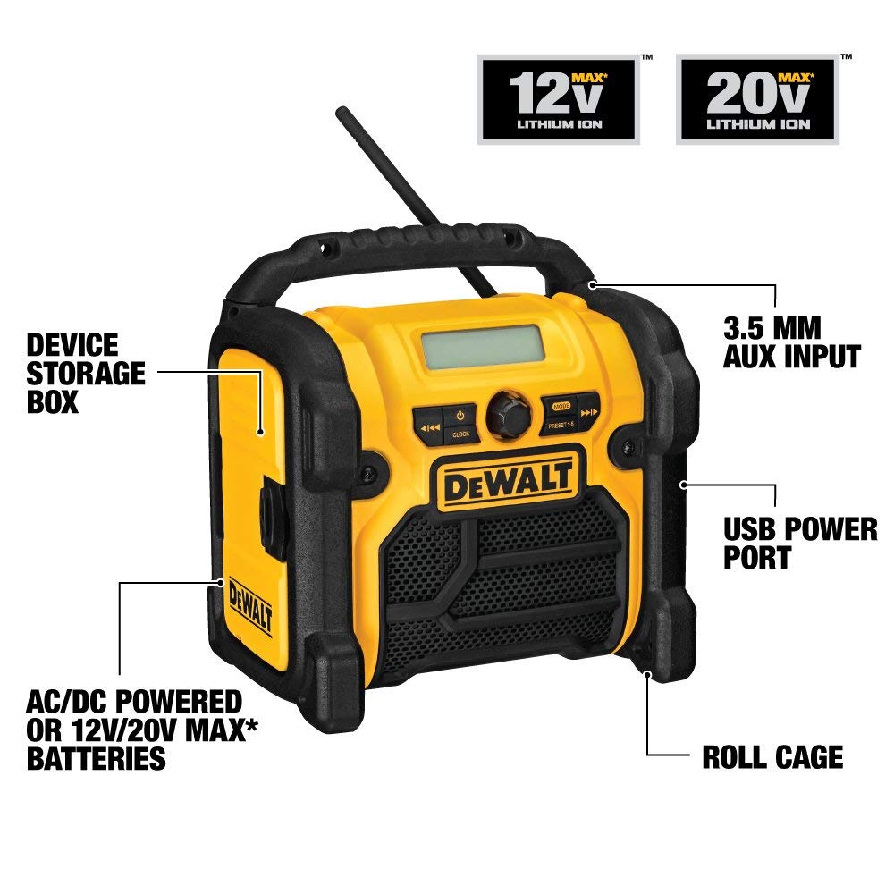 DEWALT DCR018R 18V 20V 12V MAX Cordless Radio USB Port & Aux Input for