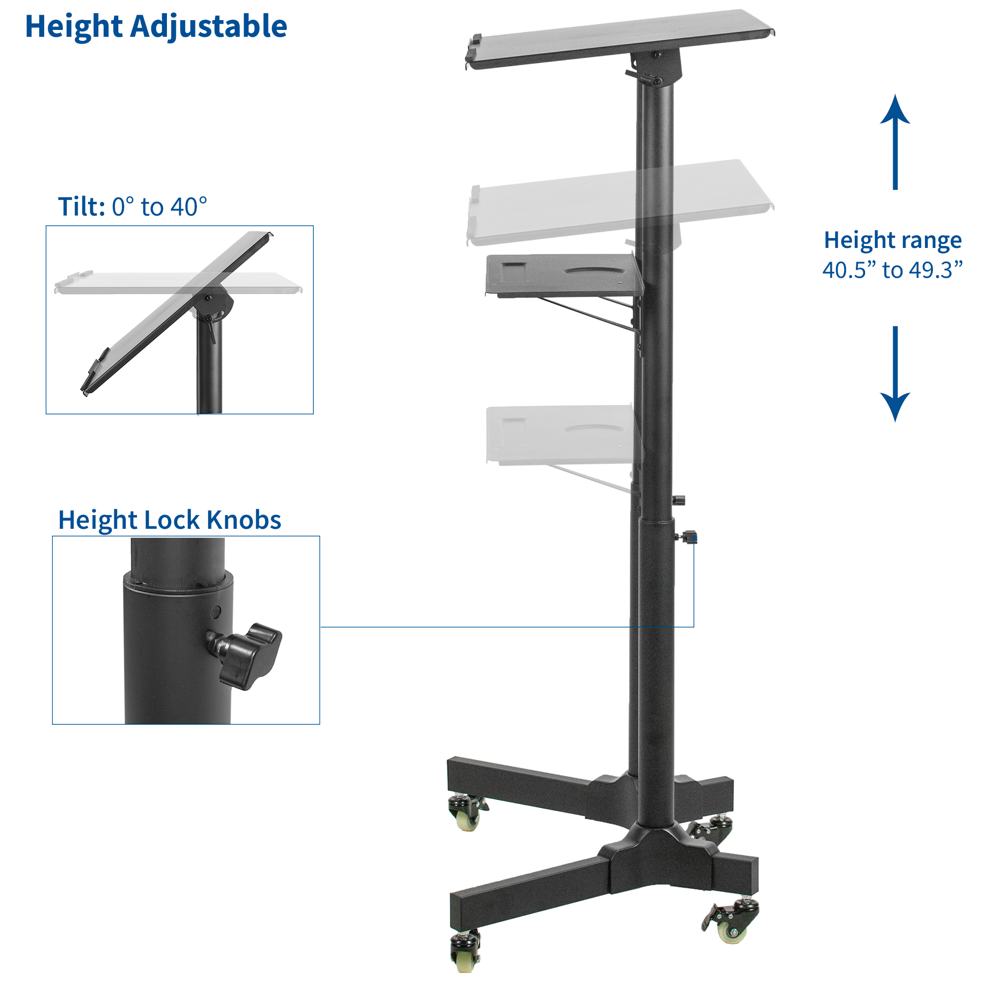 Black Mobile 24" Height Adjustable Rolling Podium, Lectern, Laptop