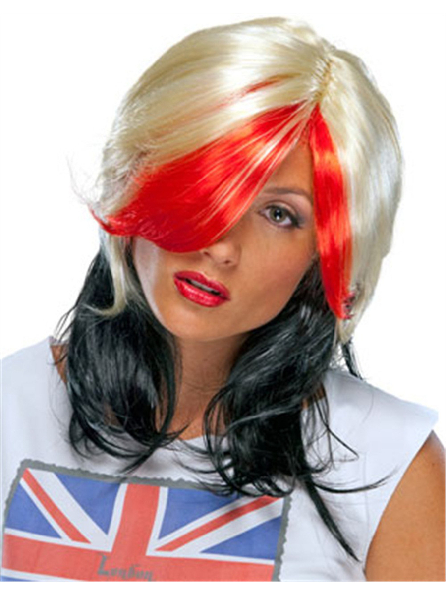 Adult Red Blonde And Black Shoulder Length Costume Wig Ebay