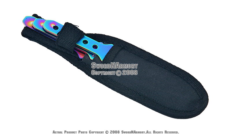Set of 3 Rainbow Titanium Coated Angel Throwing Knives Fixed Blades with Sheath