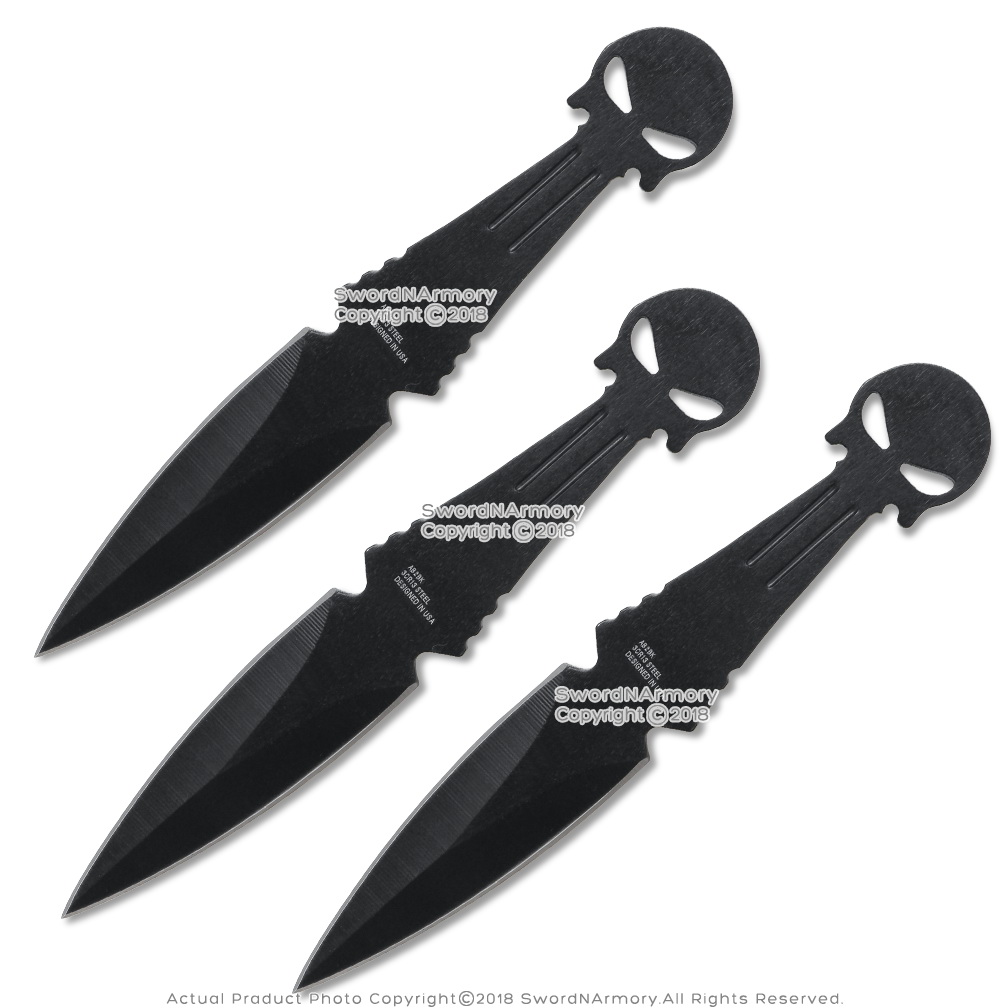 6" Black Ninja Skull Tactical Titanium Throwing Knife 3pc Sheathed Set