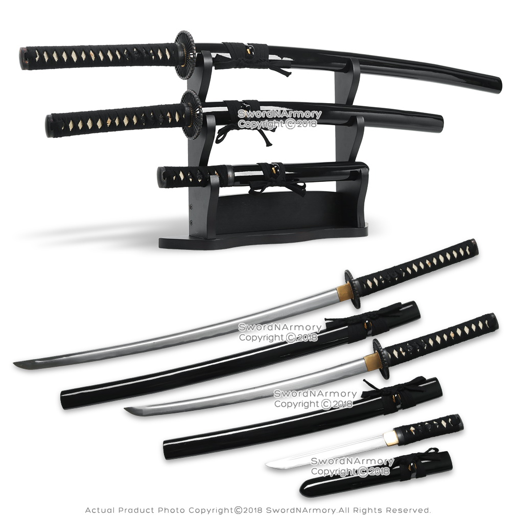 3-Tier Black Wooden Samurai Sword Display Table Stand with“Bushido” Kanji