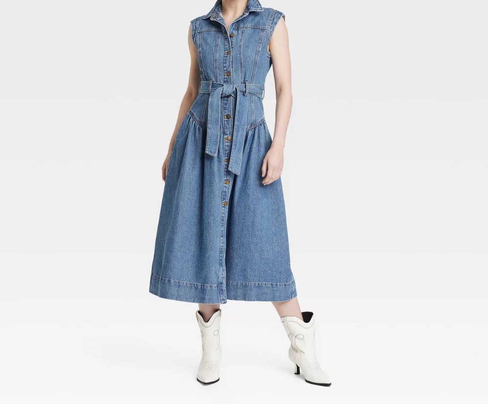Women's Tie-Waist Midi A-Line Denim Dress - Universal Thread | eBay