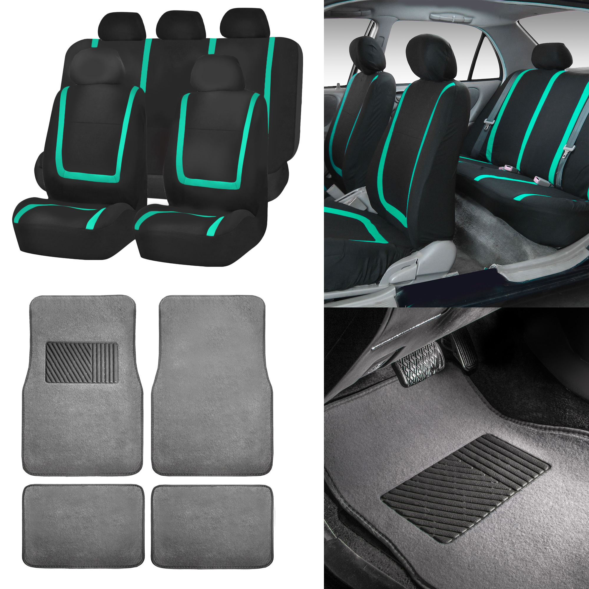 Black & Mint Car Seat Covers with Gray Carpet Floor Mats for Auto Car