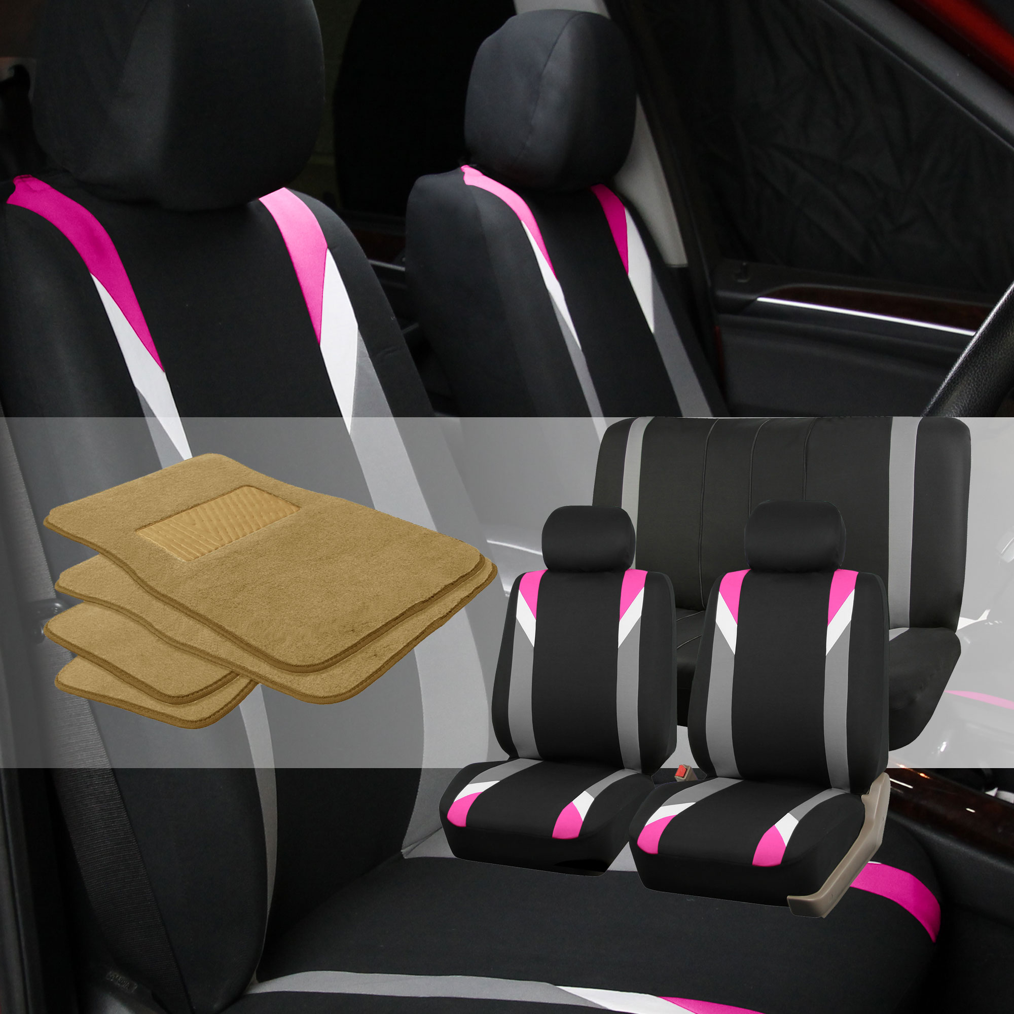 Car Seat Covers Set For Auto Sedan PINK W/ 4PC Beige Carpet Floor Mats