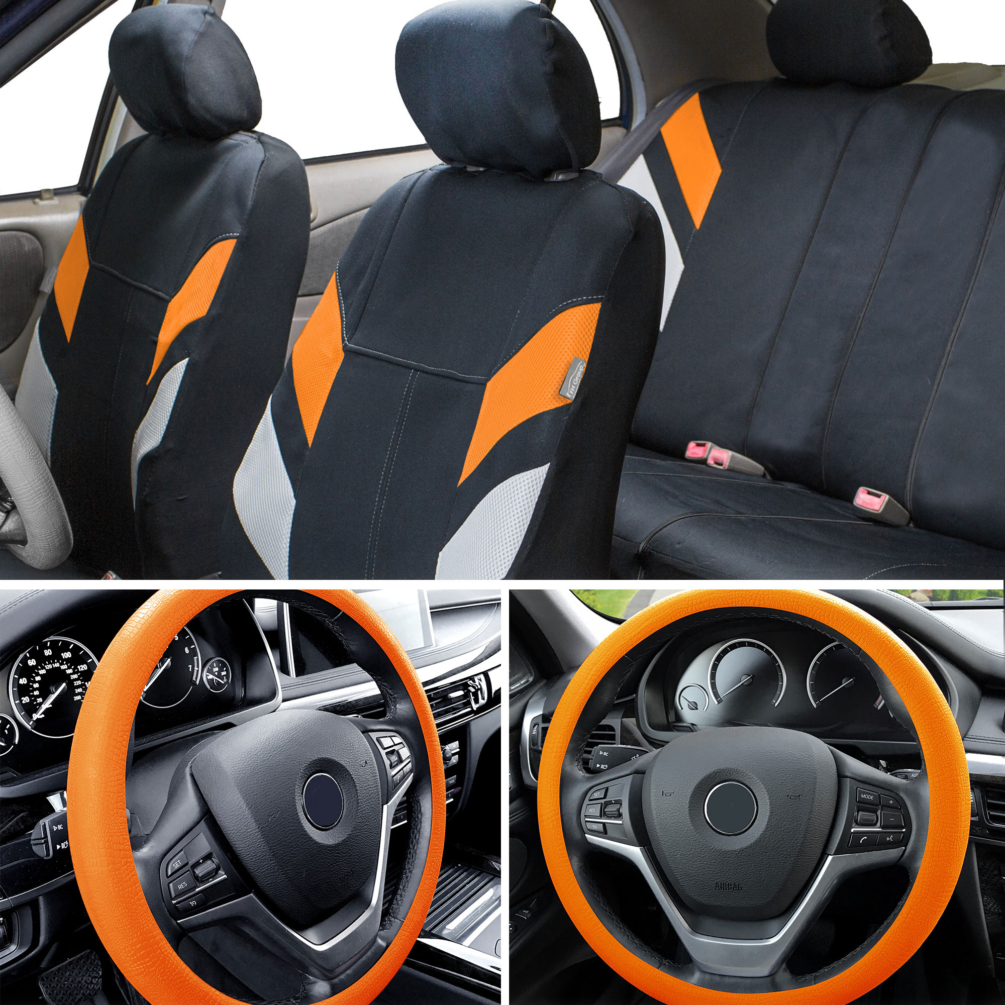 Car Seat Covers Steering Wheel Cover Beige Black 5 Headrests Split