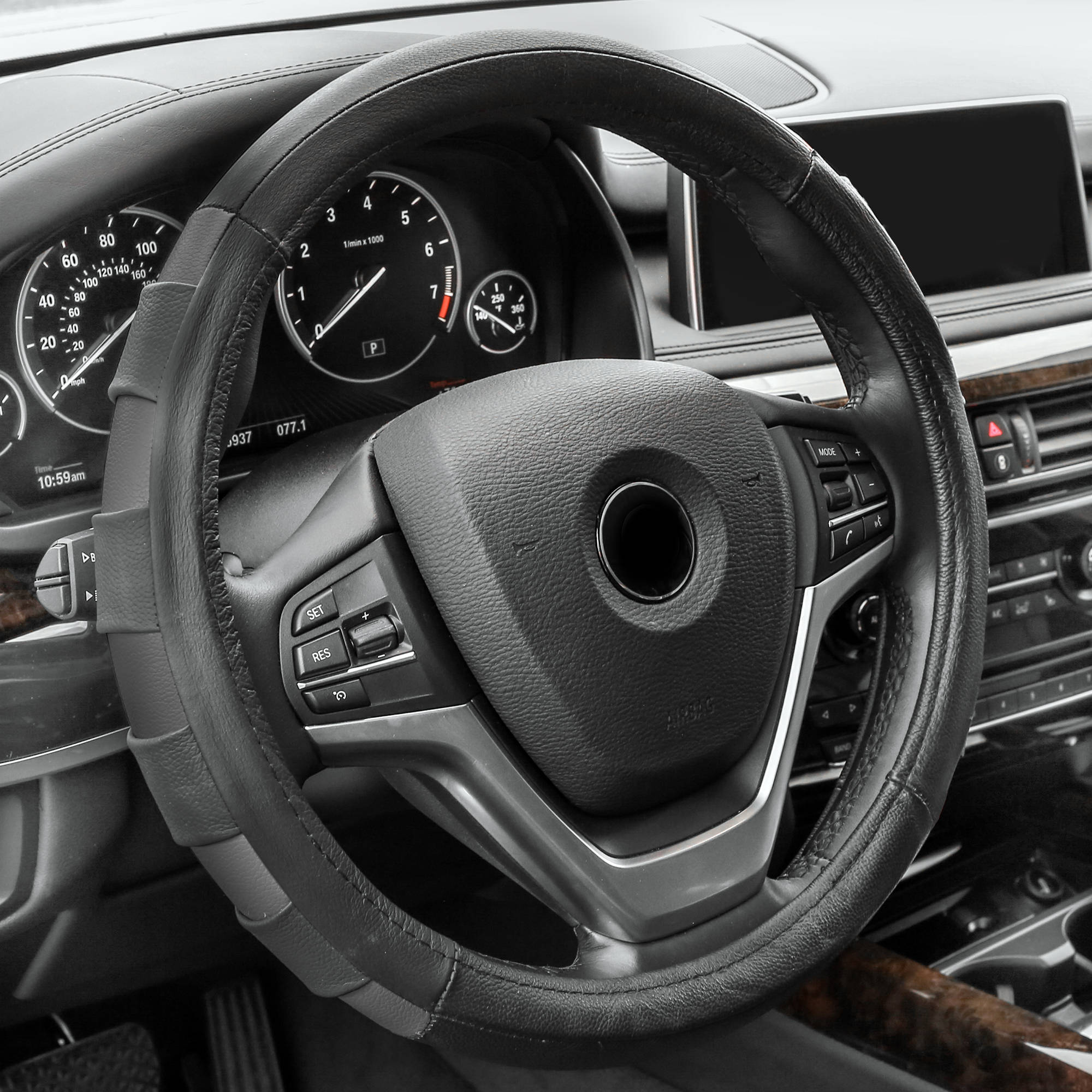 Wood Grain Steering Wheel Cover for Auto Car SUV Lux Grip Black Syn Leather