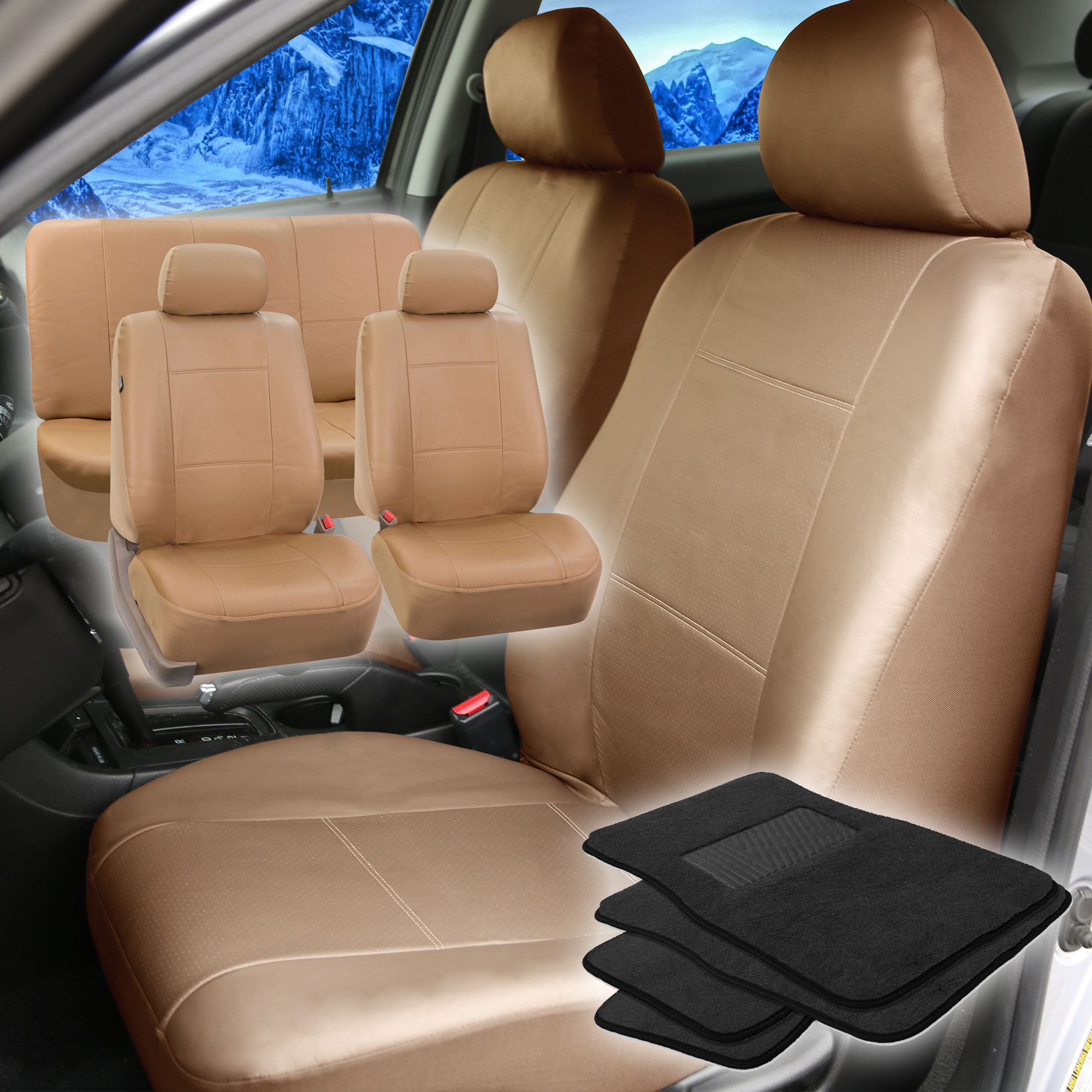 FH Group Universal Fit PU Leather Car Seat Covers - Solid Bench w/ Floor Mats - Bild 1 von 9