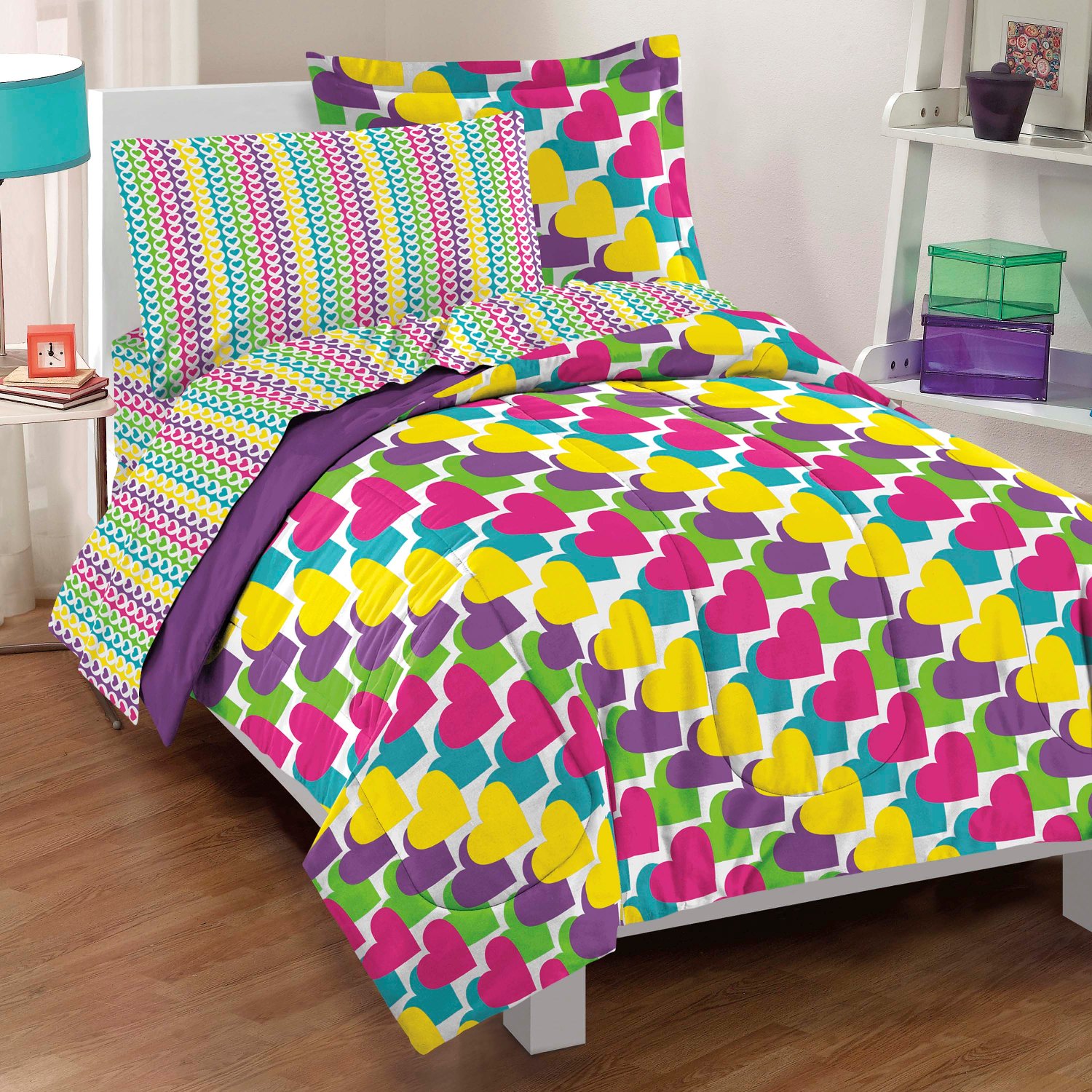 Details About New Rainbow Hearts Pink Purple Yellow Green Girls Comforter Bedding Set