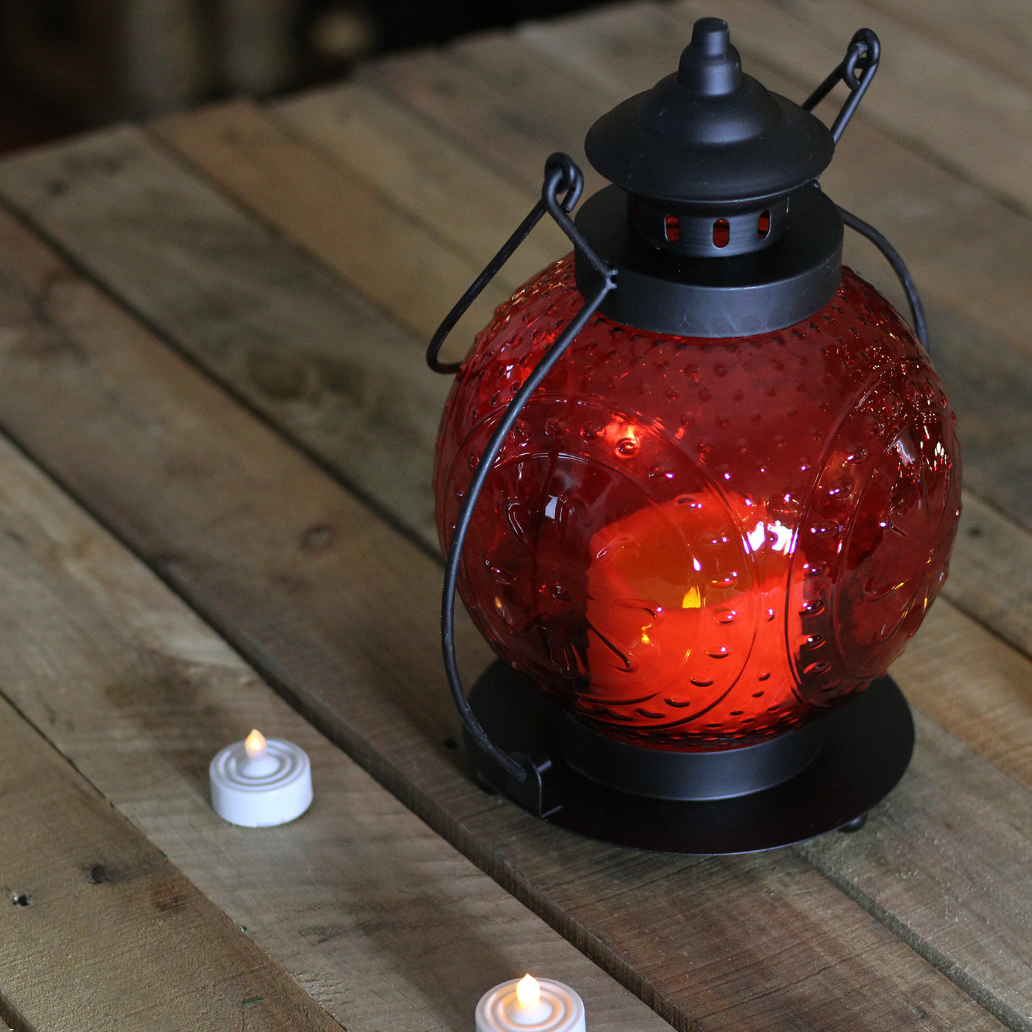 Gerson 11" Red Molded Glass Lantern with Flameless LED Pillar Timer