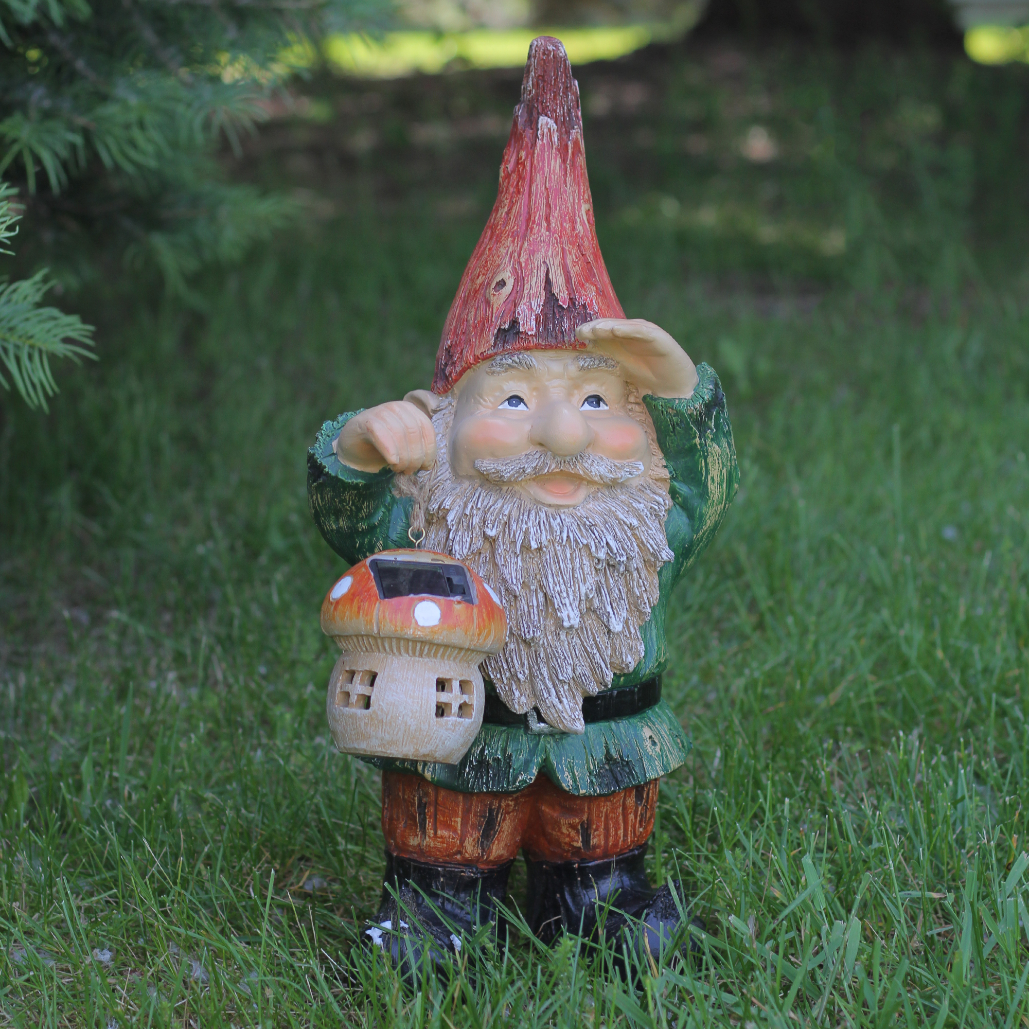 18" Forest Gnome Holding a Mushroom Lantern Solar Powered LED Lighted