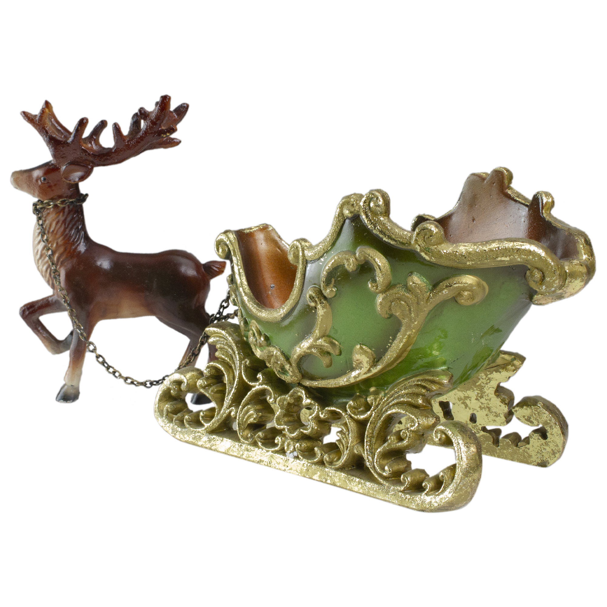 Northlight 7.5" Elegant Green Gold Sleigh Reindeer Christmas Table Top