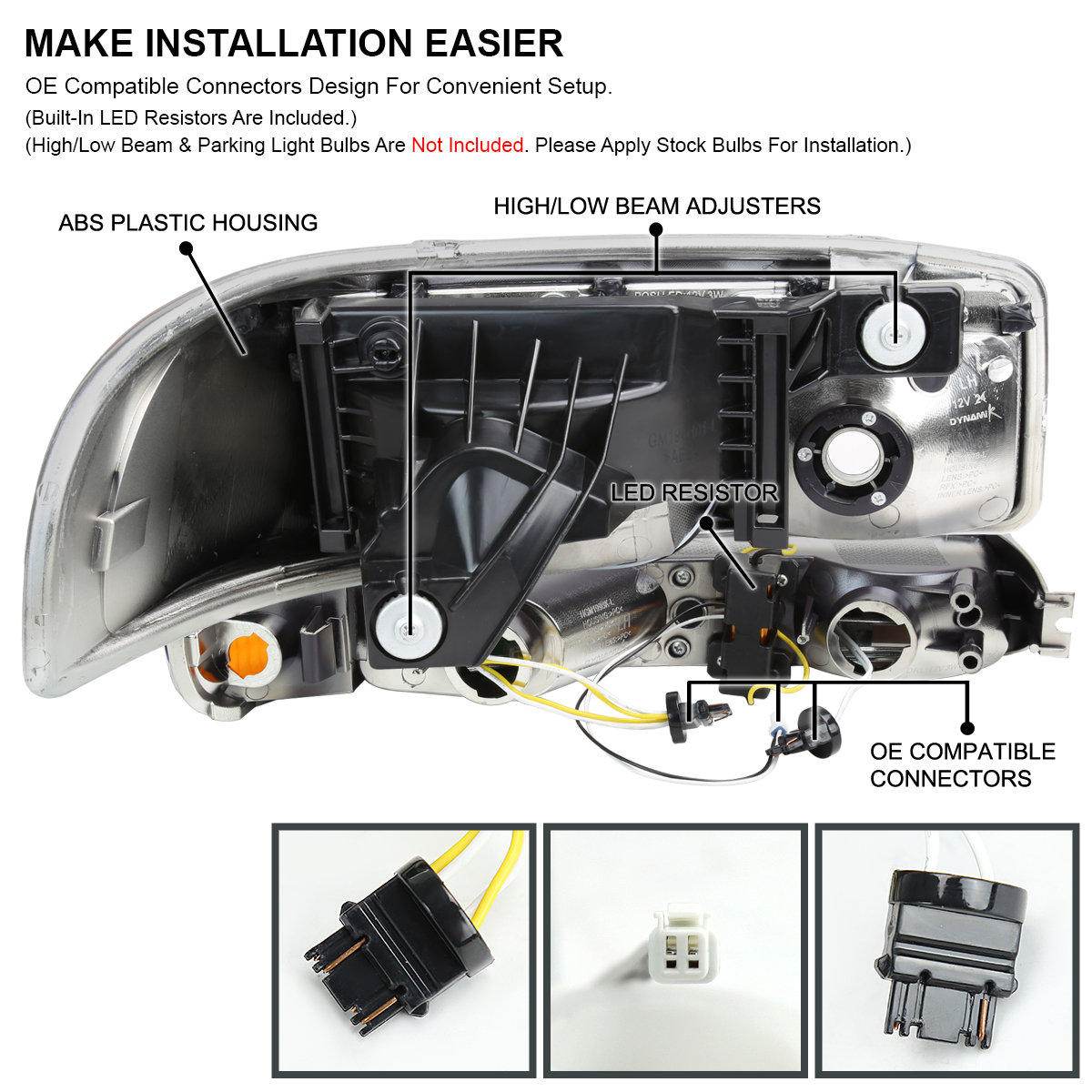 For 99-06 GMC Sierra/00+ Yukon LED Tube Projector Black Headlight +Bumper Light