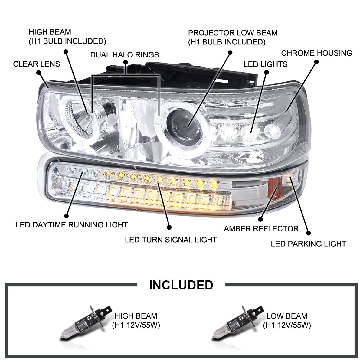 For 19992002 Silverado 20002006 Tahoe Projector Headlights+LED Bumper