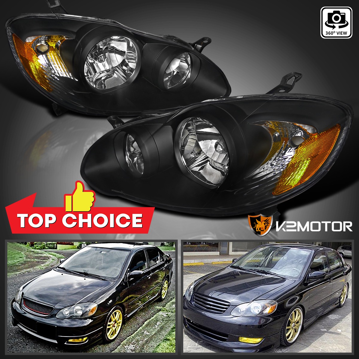 For 20032008 Toyota Corolla Replacement Black Headlights Head Lamps