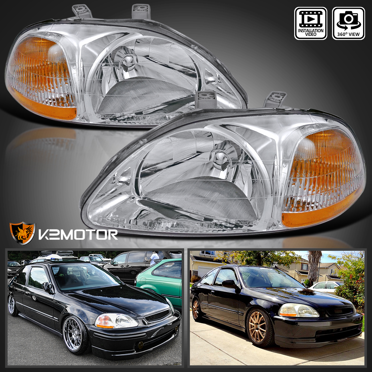 Black For 1996-1998 Honda Civic DX EX LX Replacement Headlights Lamps