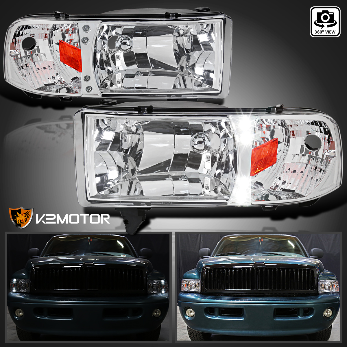 Spec-D Tuning Black LED Tube Headlights For 1994-2001 Dodge Ram 1500 2500 3500 – Pair