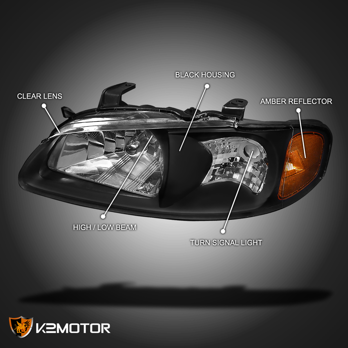 JDM Style Headlights For 2000-2003 Nissan Sentra - Black Housing With Amber Reflectors, Pair