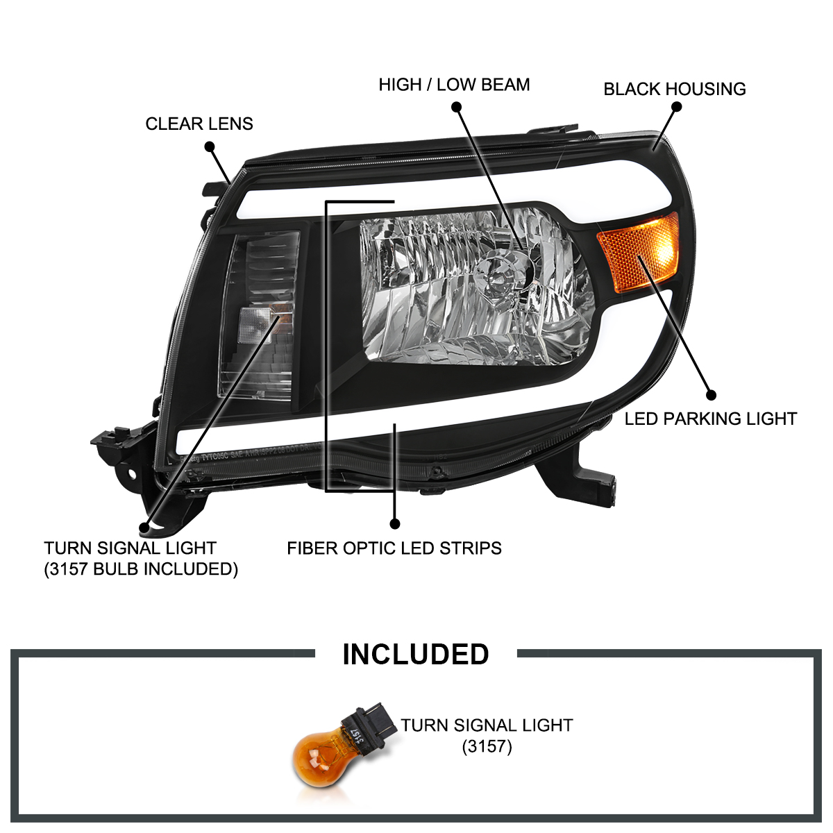 Fits Black 2005-2011 Toyota Tacoma Headlights Signal Lamps LED Tube Bar