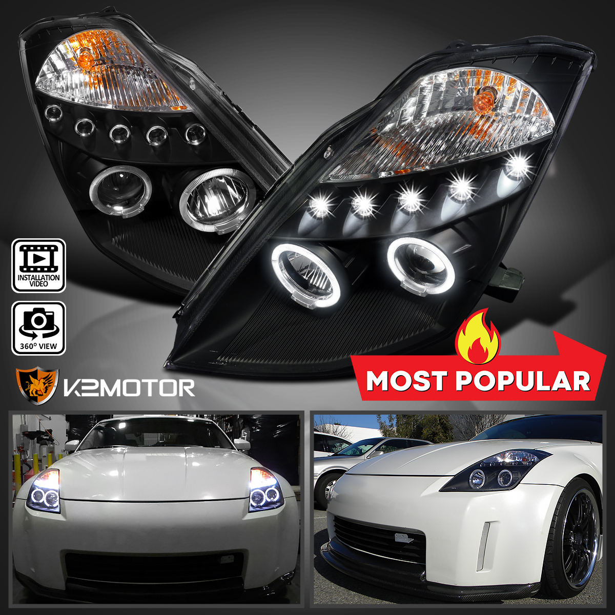 For 2003-2005 Nissan 350Z Clear LED DRL Halo Projector Headlights Left