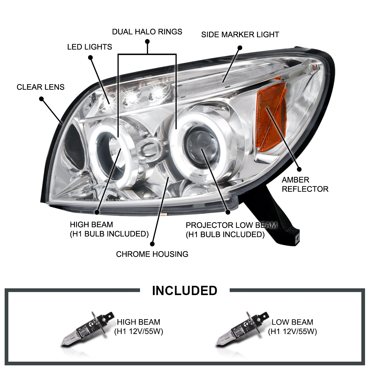 Fits 2003-2005 Toyota 4Runner LED Halo Projector Headlights Lamps