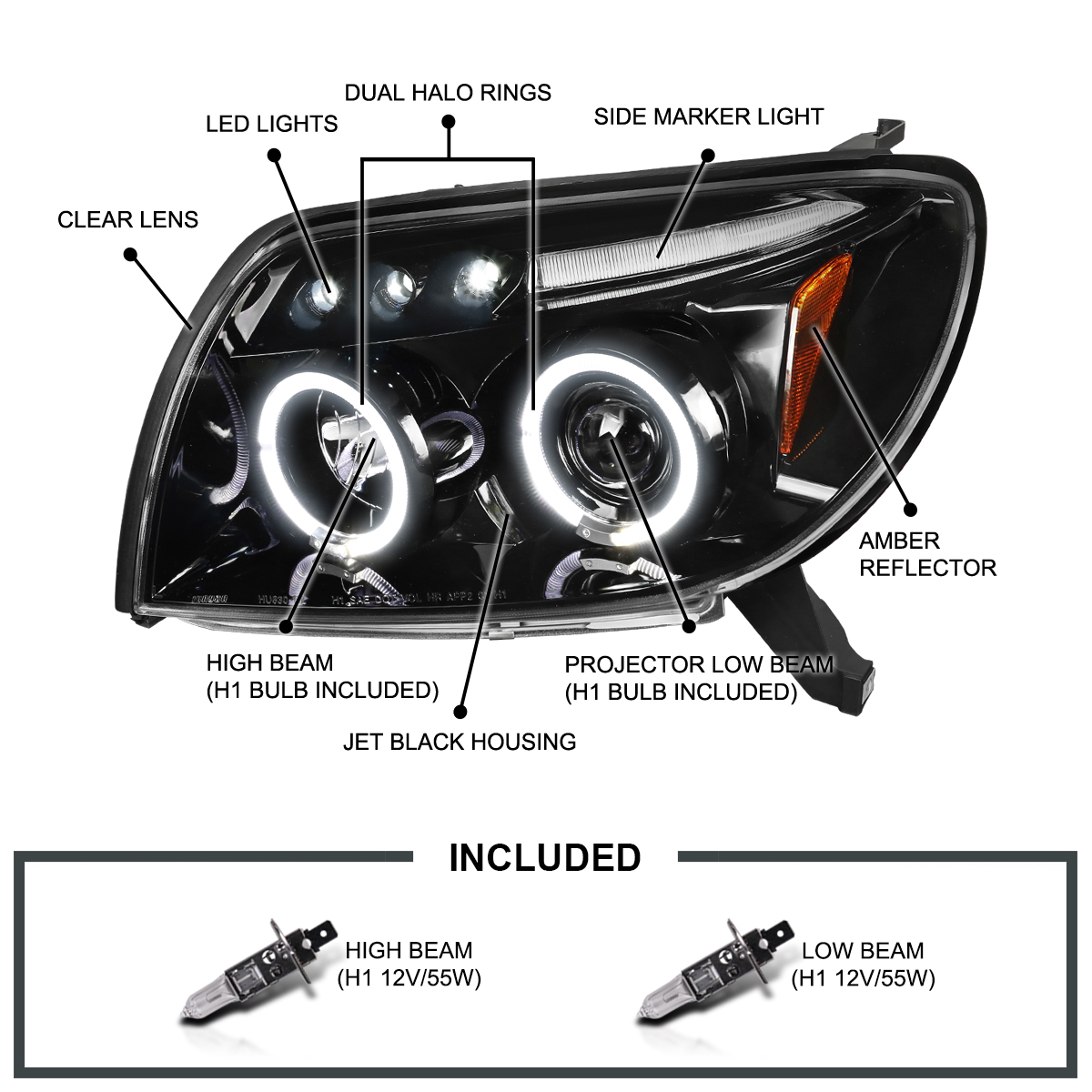 Jet Black Fits 2003-2005 Toyota 4Runner LED Halo Projector