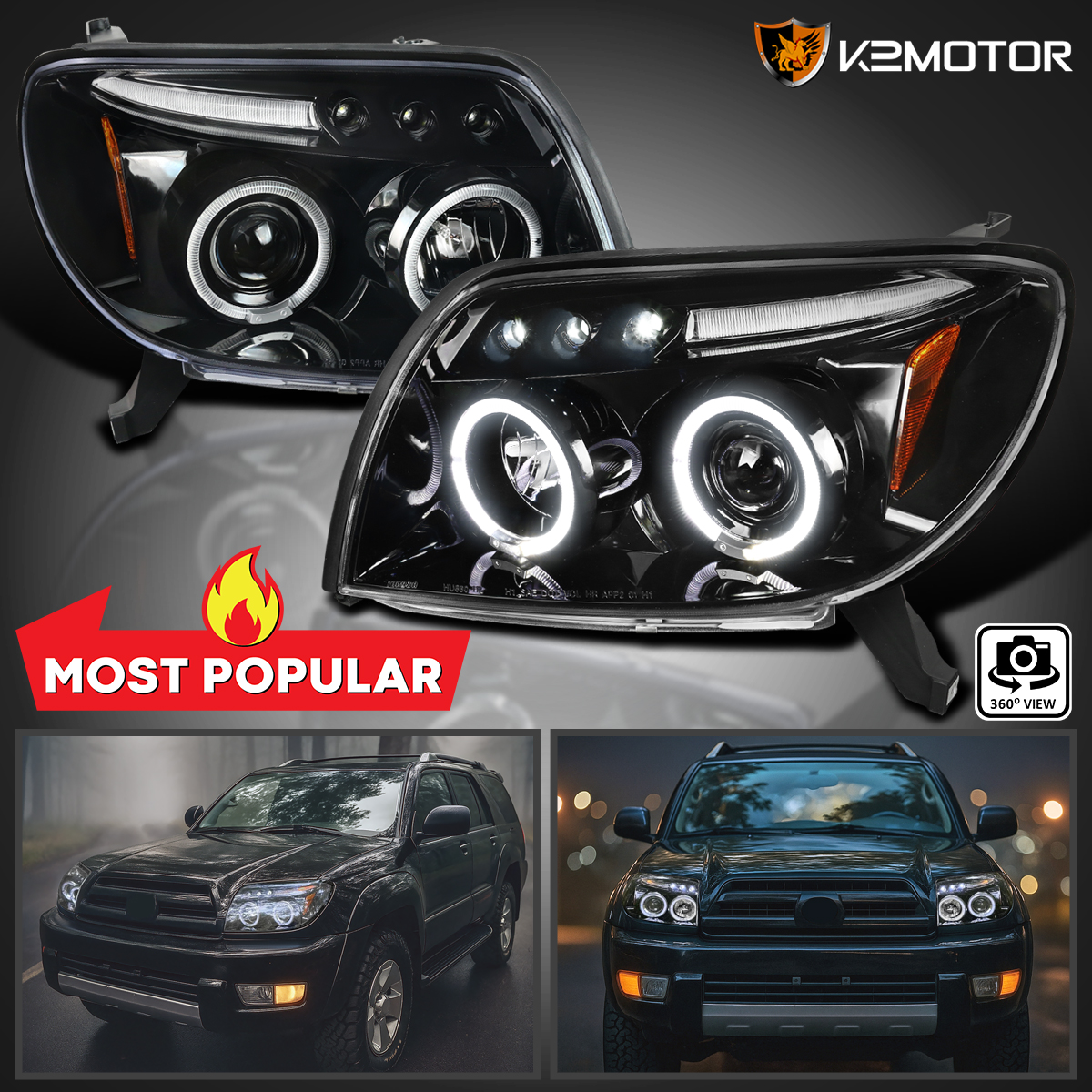 Black Fits 2003-2005 Toyota 4Runner Sport LED Halo Projector