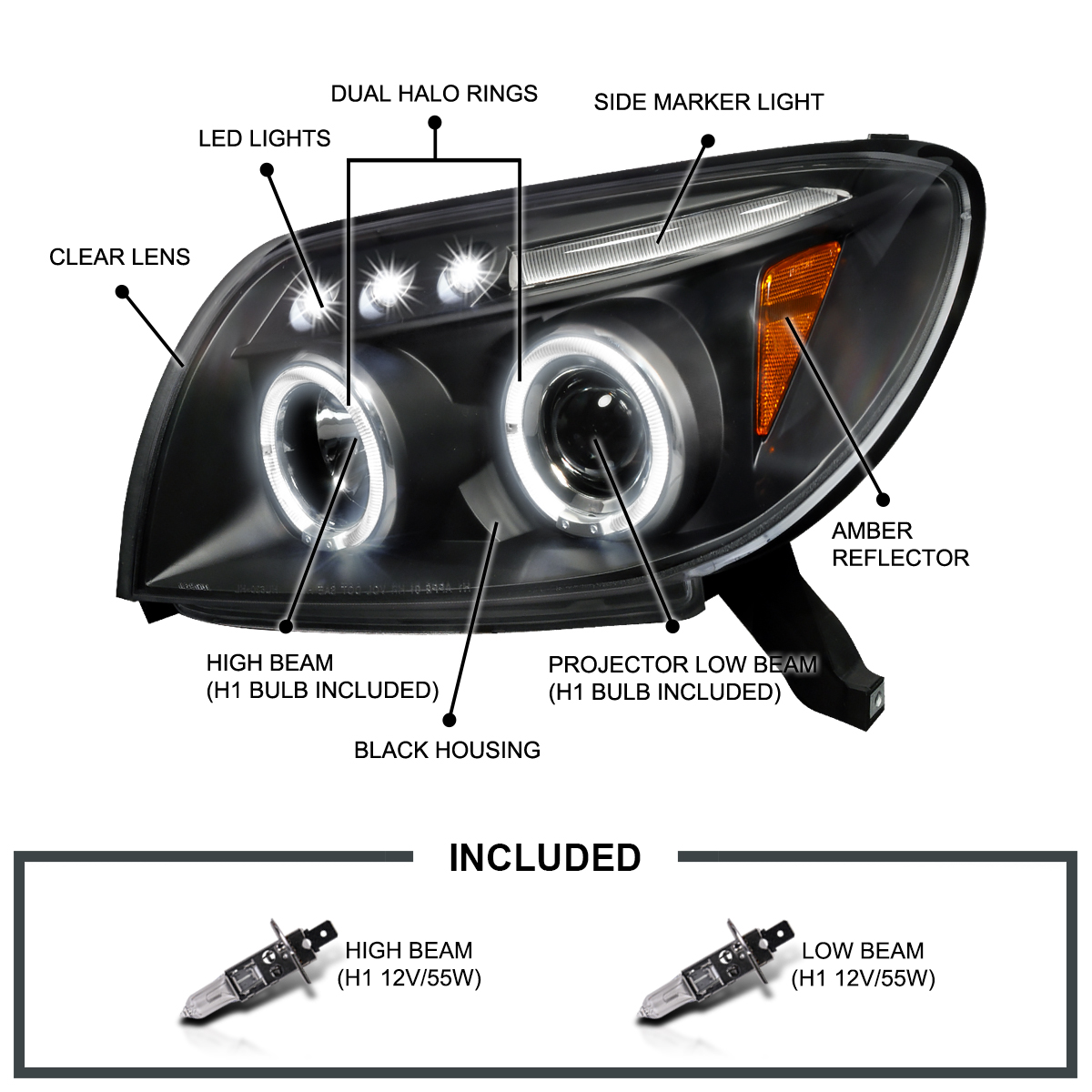 Black Fits 2003-2005 Toyota 4Runner Sport LED Halo Projector