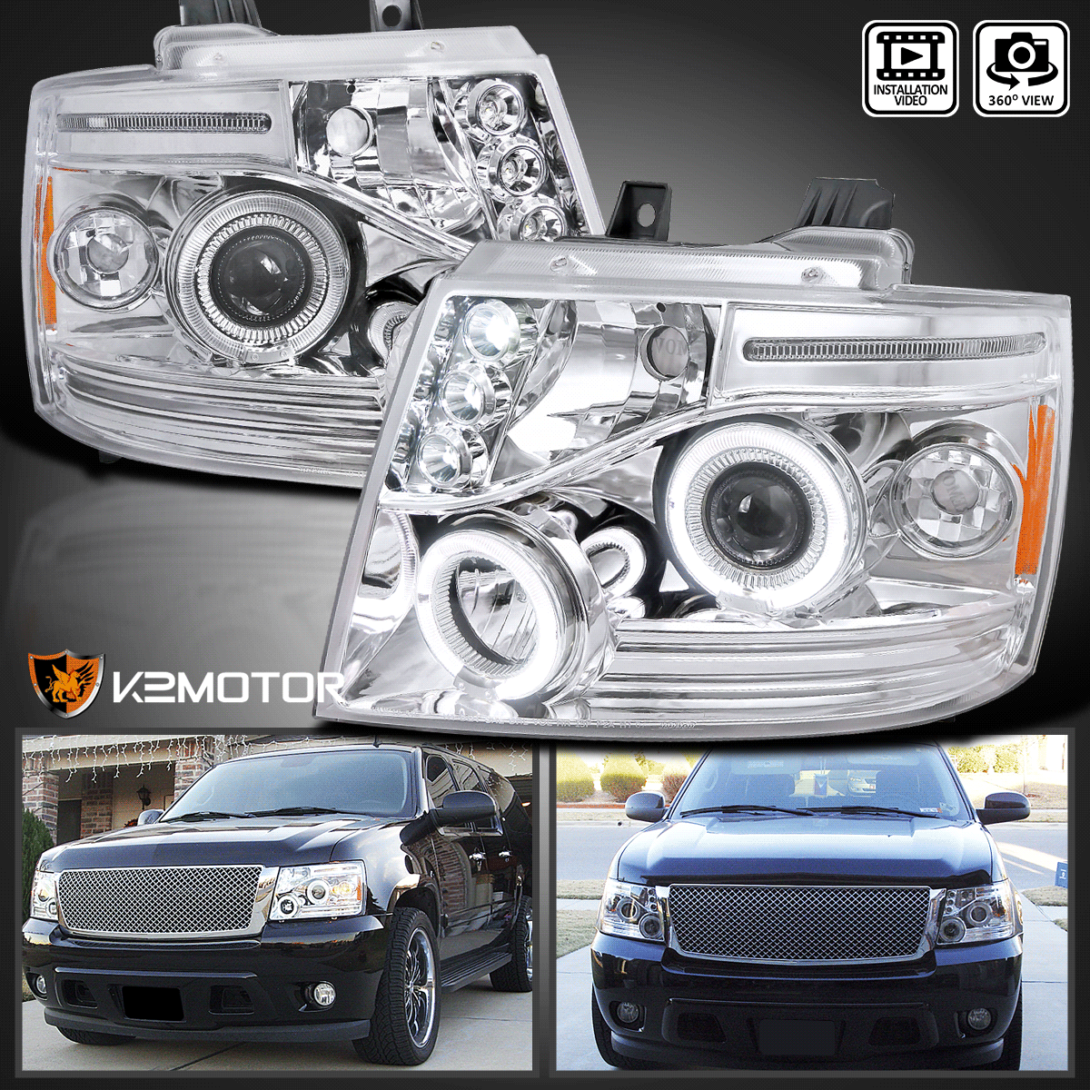 Jet Black 2007-2014 Tahoe Avalanche Suburban LED Dual Halo Projector Headlights