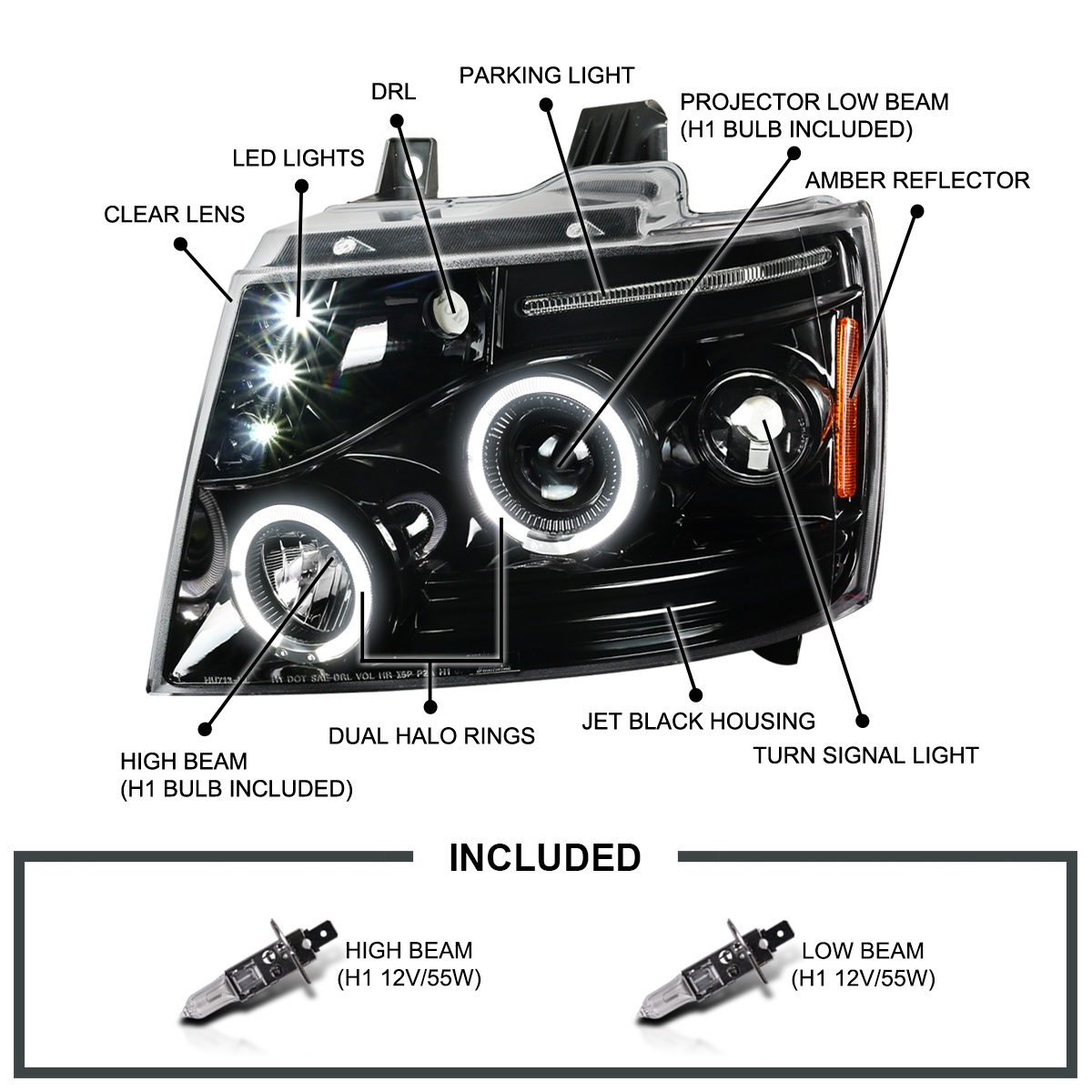 Jet Black 2007-2014 Tahoe Avalanche Suburban LED Dual Halo Projector Headlights