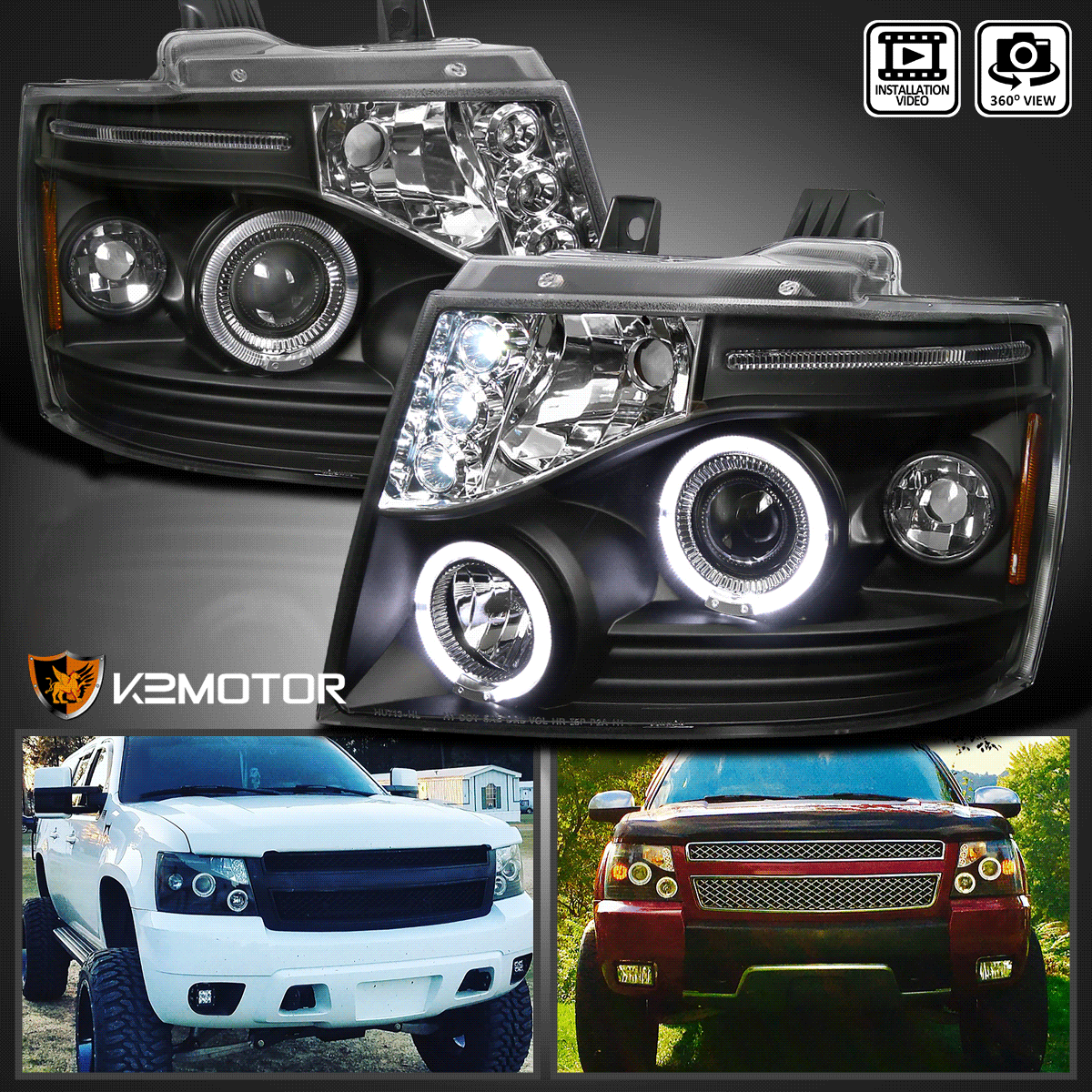 Jet Black 2007-2014 Tahoe Avalanche Suburban LED Dual Halo Projector Headlights