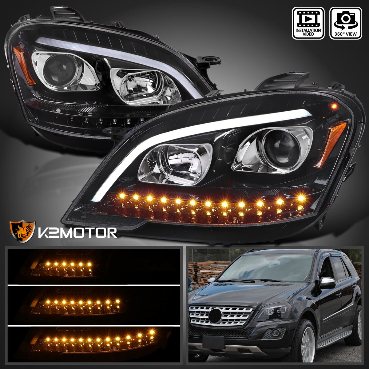 Black Fit 2009-2011 Mercedes Benz W164 ML320 LED Sequential