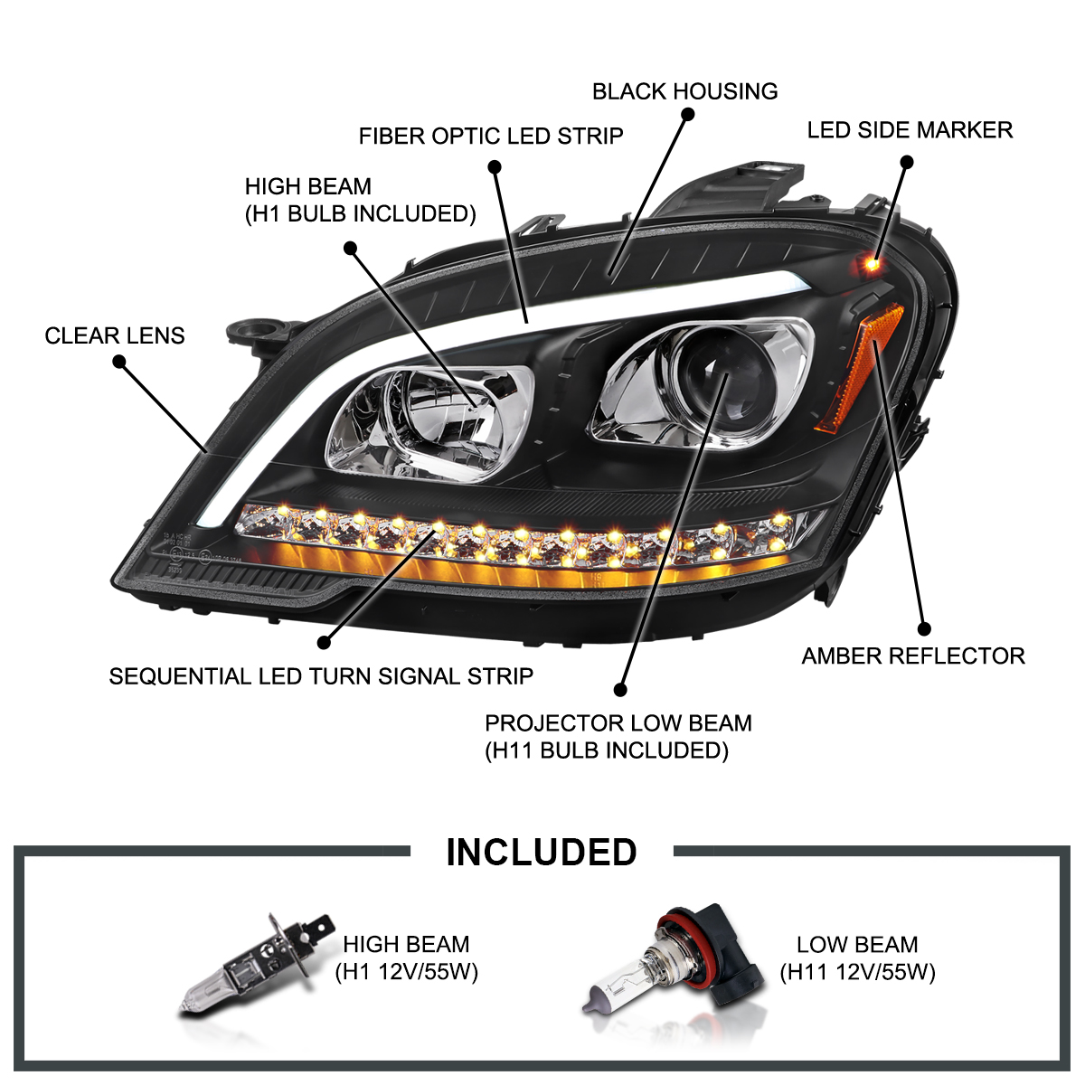 Black Fit 2009-2011 Mercedes Benz W164 ML320 LED Sequential