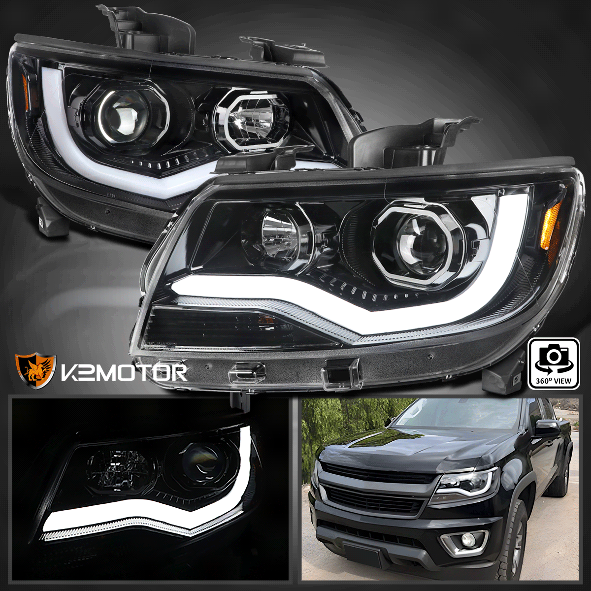 Jet Black Fits 2015-2022 Chevy Colorado LED Tube Bar Projector