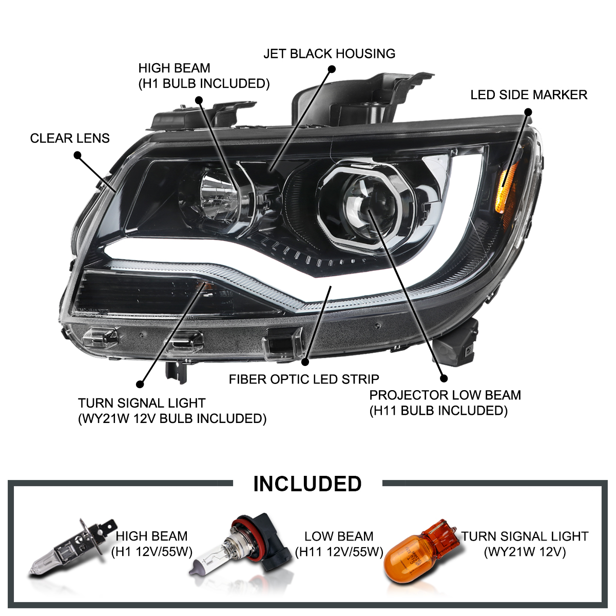 Jet Black Fits 2015-2022 Chevy Colorado LED Tube Bar Projector