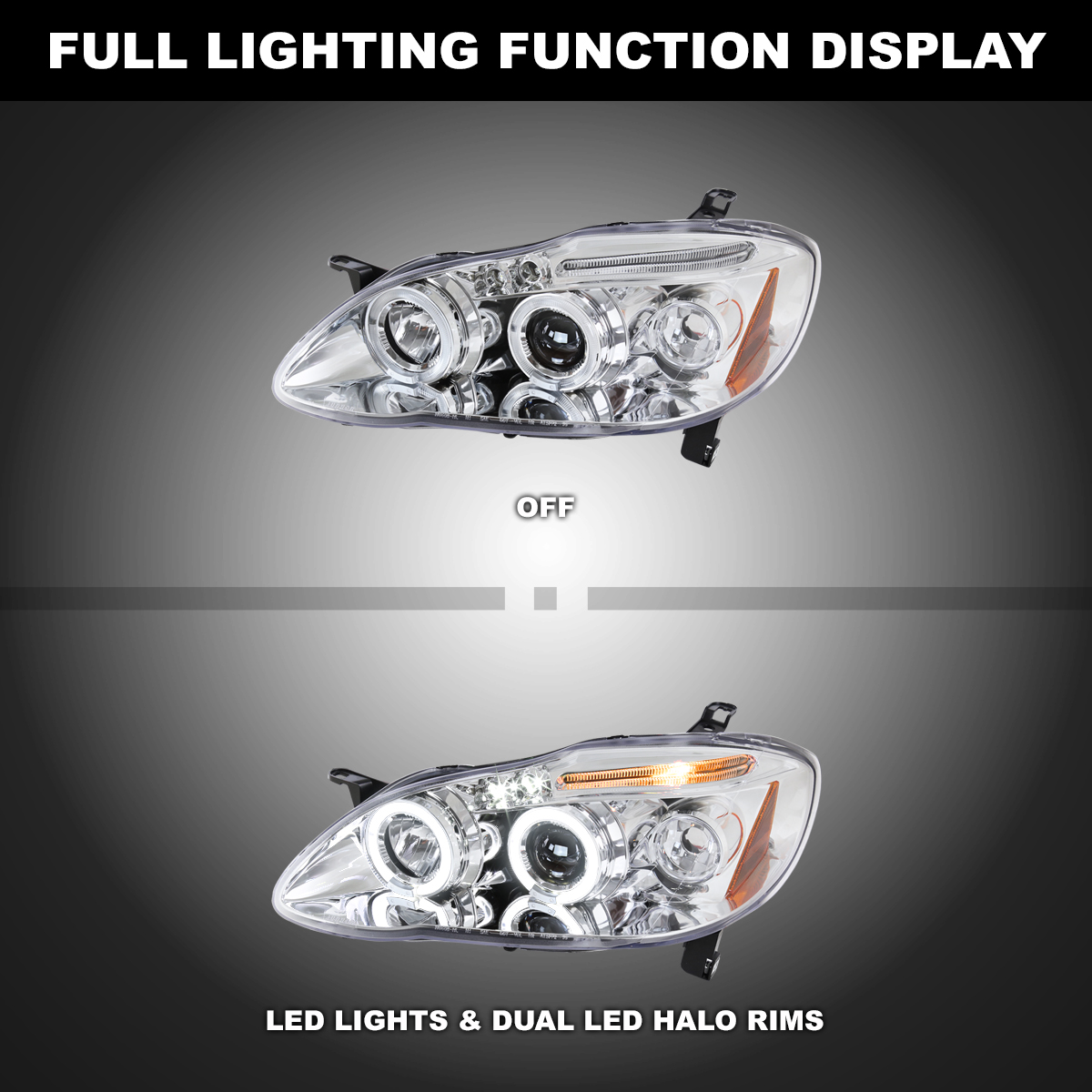Autozensation LED Halo Projector Headlights – Fits 2003-2008 Toyota Corolla – Left+Right Pair