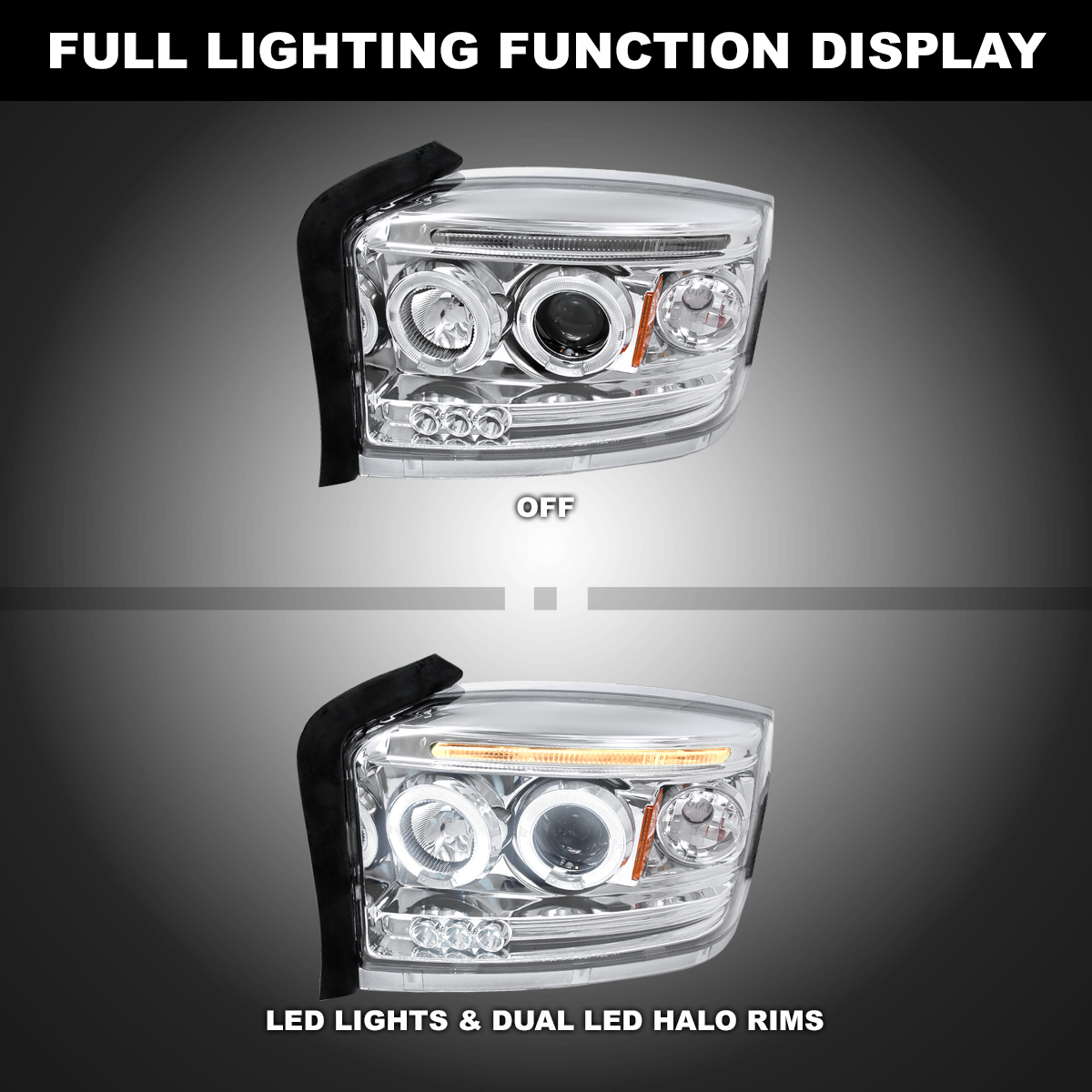 Autozensation LED Halo Projector Headlights For 2005-2007 Dodge Dakota (Black Smoke)