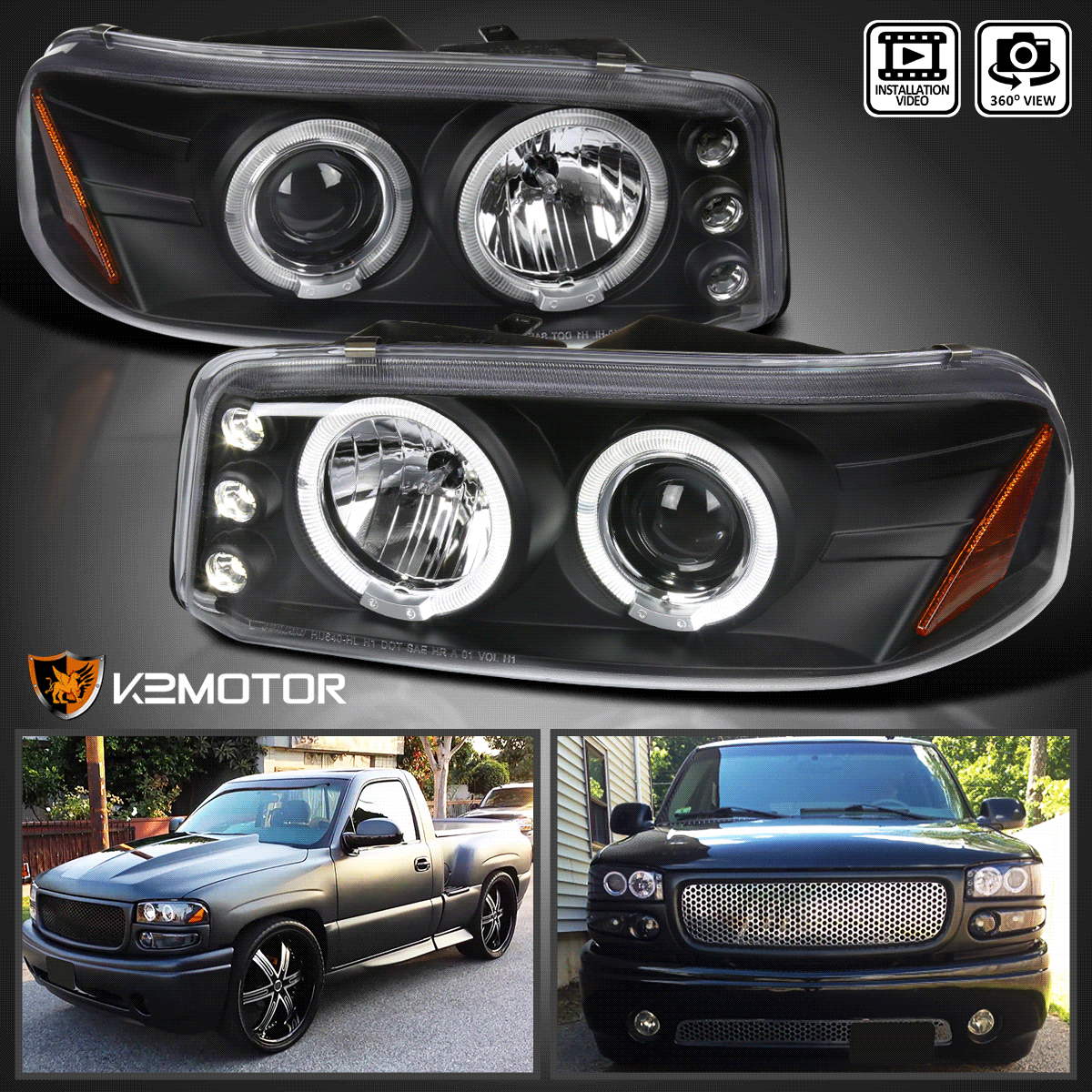 For 20002006 GMC Sierra Denali Yukon XL LED Halo Projector Black Headlights L+R eBay