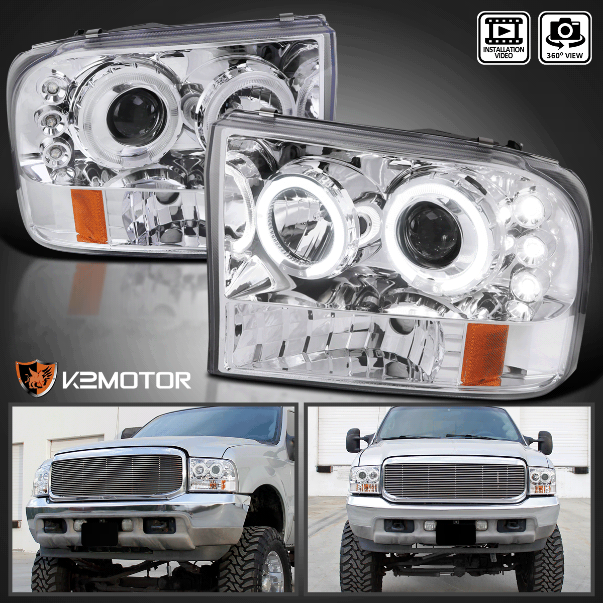 1999-2004 Ford F250 F350 F450 F550 LED Halo Projector ... 1993 ford f 450 headlight wiring 