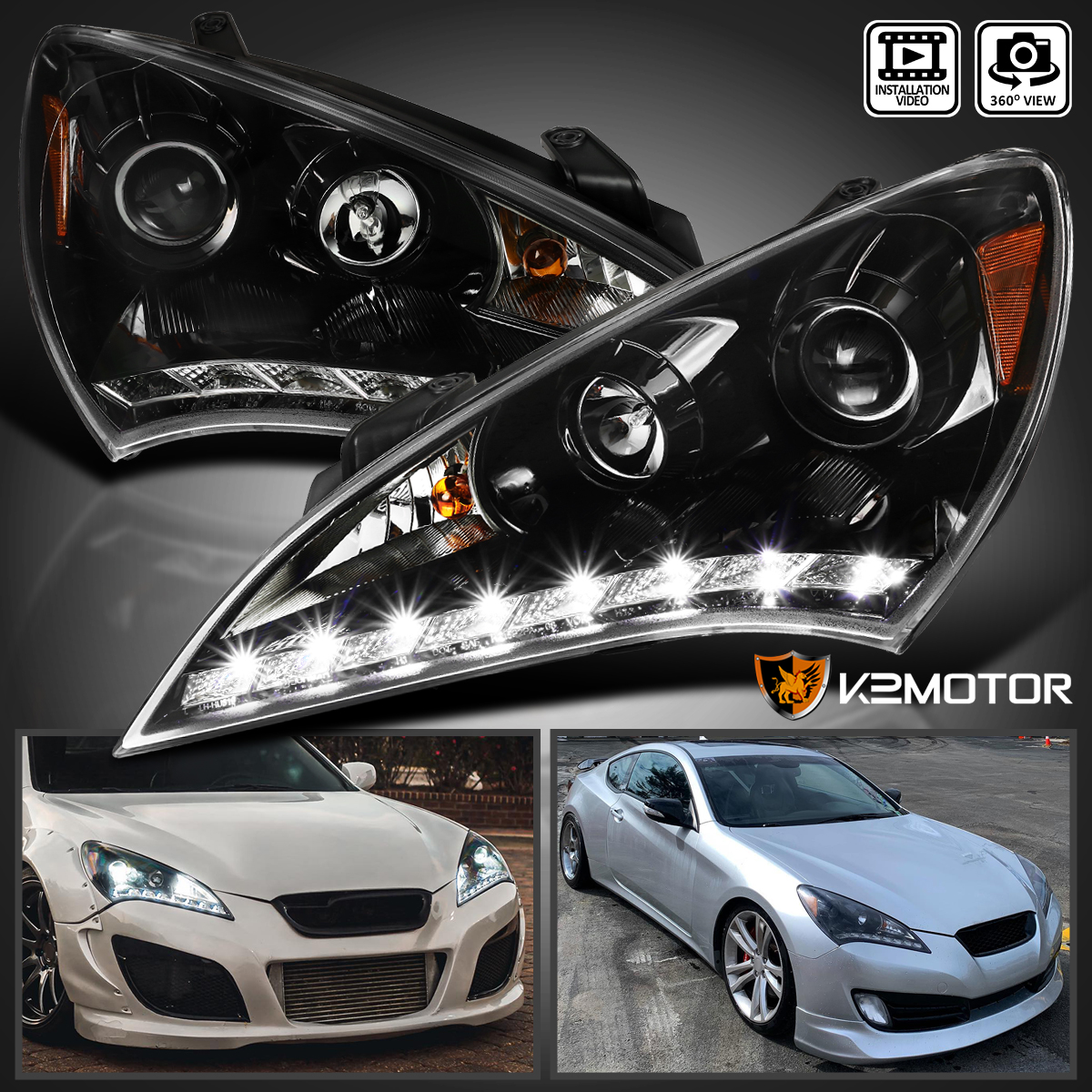 For 20102012 Hyundai Genesis 2Dr Coupe Black Projector Headlights LED Strip eBay
