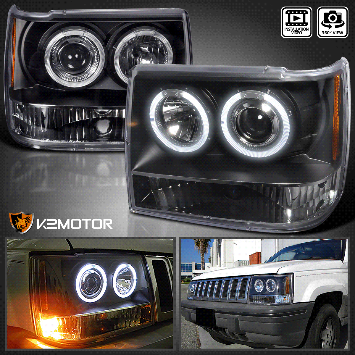 Black Fits 1993-1996 Jeep Grand Cherokee LED Halo Projector