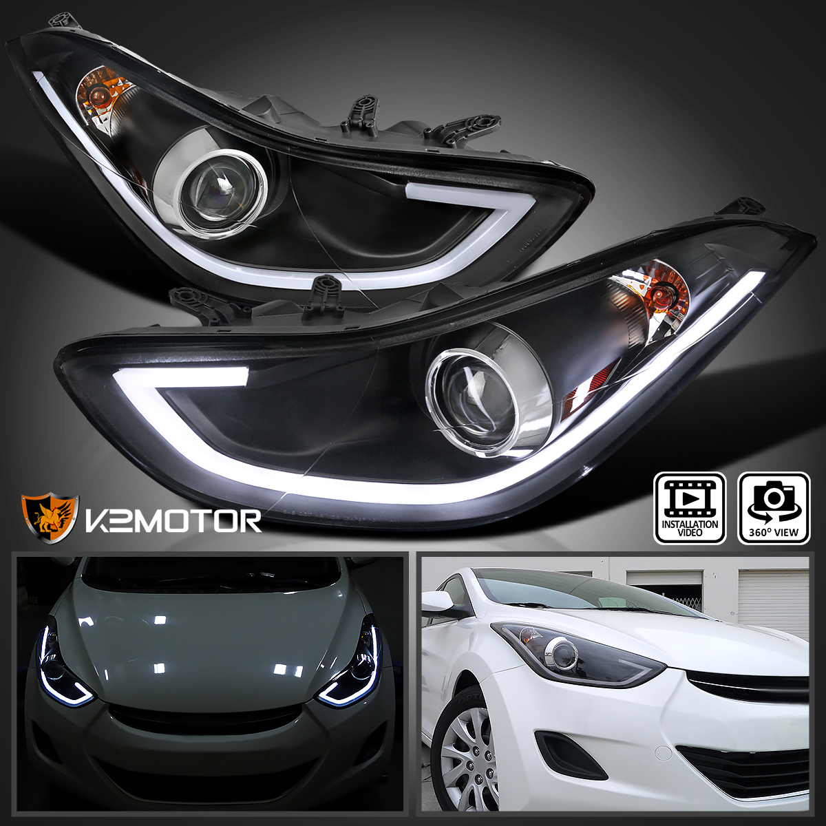 Spec-D Tuning LED Strip Projector Headlights For 2011-2013 Hyundai Elantra 4Dr