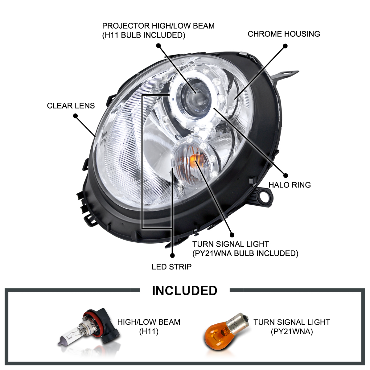 For 20072013 Mini Cooper S Clear LED Halo Projector Headlights Signal